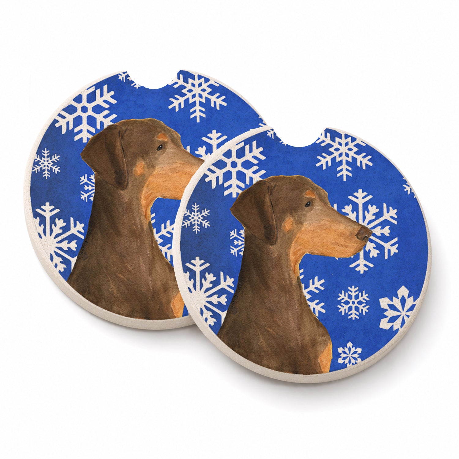 Doberman Winter Snowflakes Holiday Set of 2 Cup Holder Car Coasters Absorbent Round Sandstone Coasters Gifts for Men or Women, 2.5, Multicolor