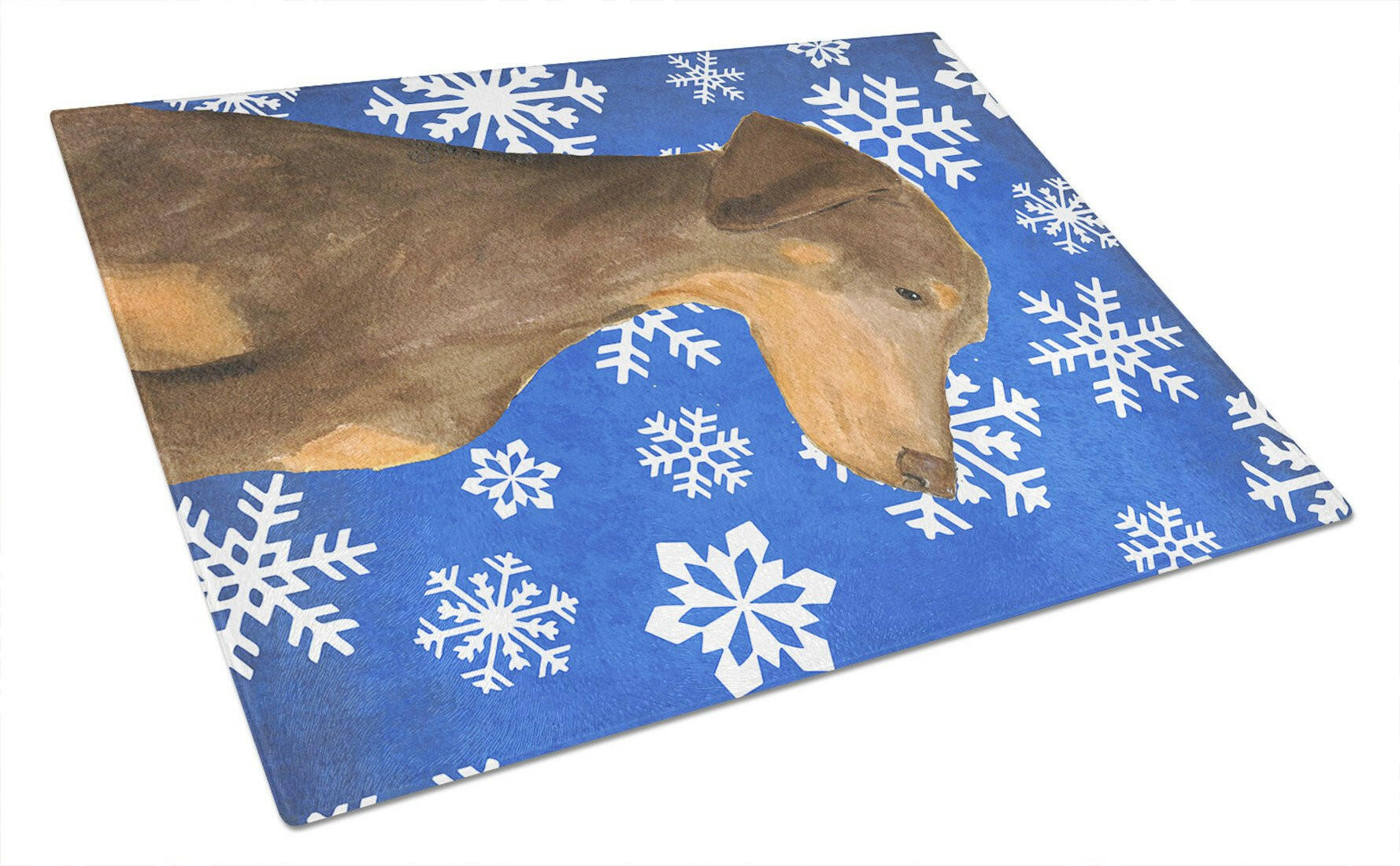 Doberman Winter Snowflakes Holiday Cutting Board Tempered Glass Kitchen Cutting Surface, Heat Resistant Chopping, Non-Slip Feet, Food Prep & Serving
