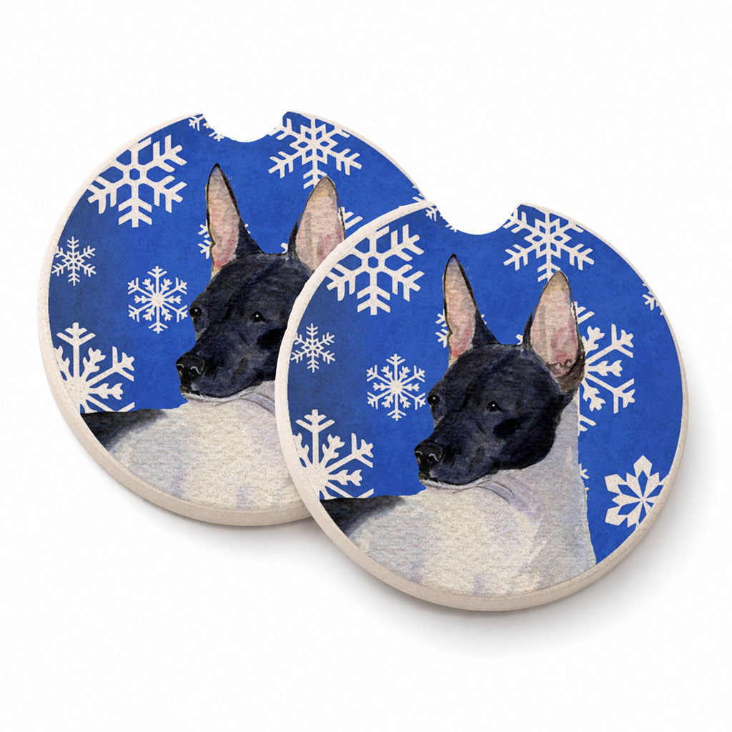 Rat Terrier Winter Snowflakes Holiday Set of 2 Cup Holder Car Coasters Absorbent Round Sandstone Coasters Gifts for Men or Women, 2.5, Multicolor