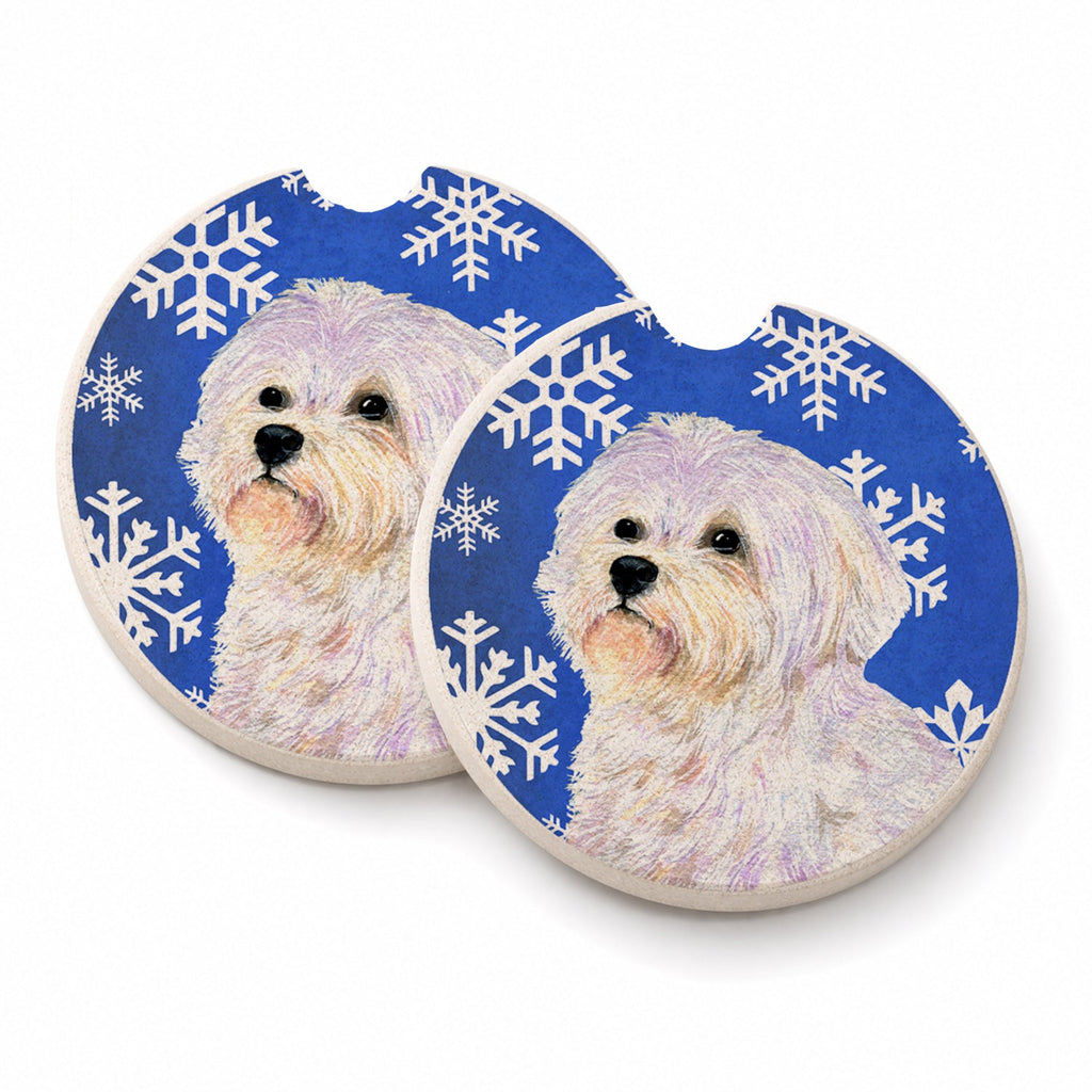 Maltese Winter Snowflakes Holiday Set of 2 Cup Holder Car Coasters Absorbent Round Sandstone Coasters Gifts for Men or Women, 2.5, Multicolor