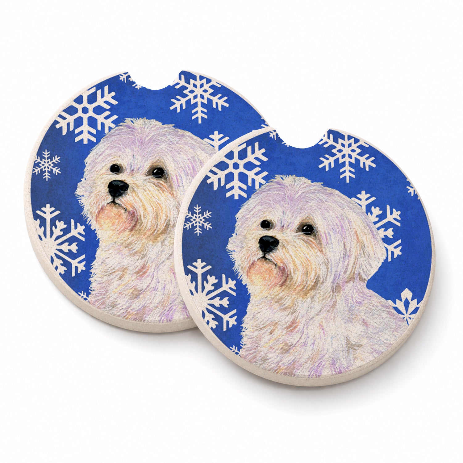 Maltese Winter Snowflakes Holiday Set of 2 Cup Holder Car Coasters Absorbent Round Sandstone Coasters Gifts for Men or Women, 2.5, Multicolor