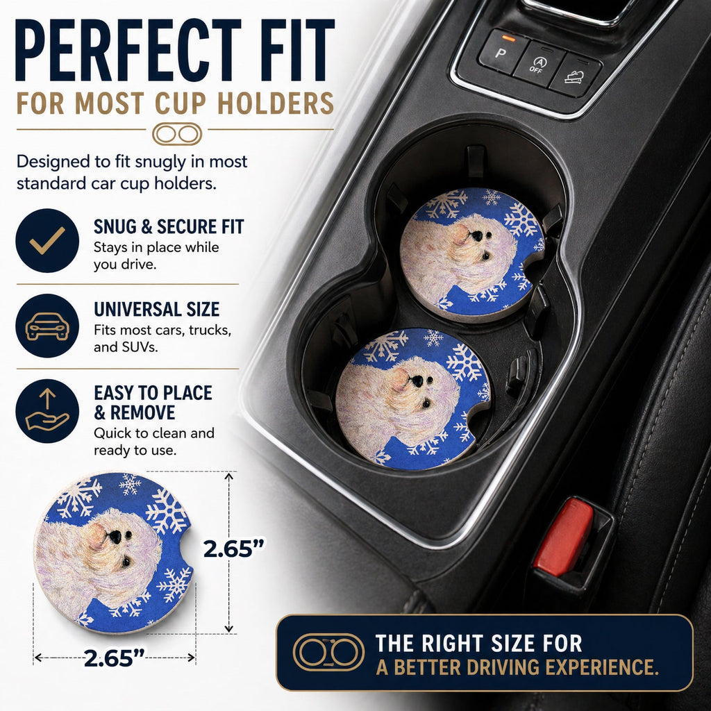 Maltese Winter Snowflakes Holiday Set of 2 Cup Holder Car Coasters Absorbent Round Sandstone Coasters Gifts for Men or Women, 2.5, Multicolor