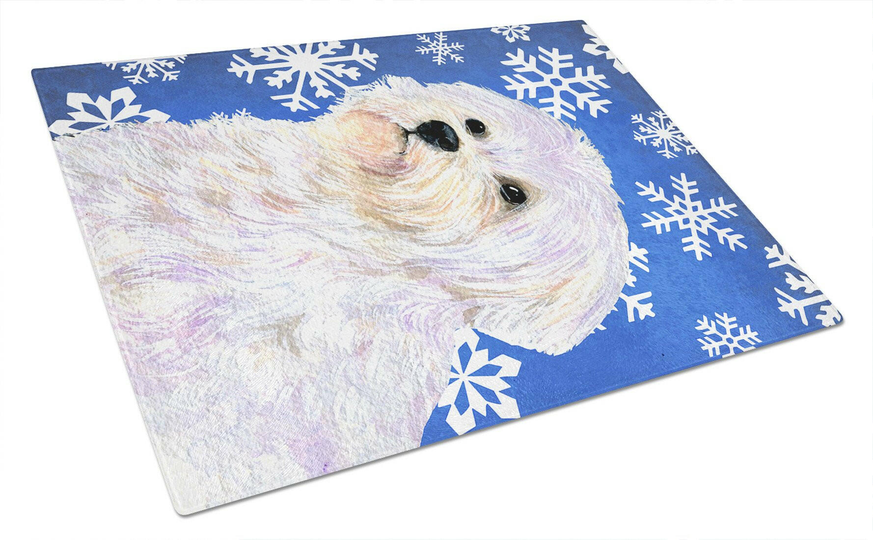 Maltese Winter Snowflakes Holiday Cutting Board Tempered Glass Kitchen Cutting Surface, Heat Resistant Chopping, Non-Slip Feet, Food Prep & Serving