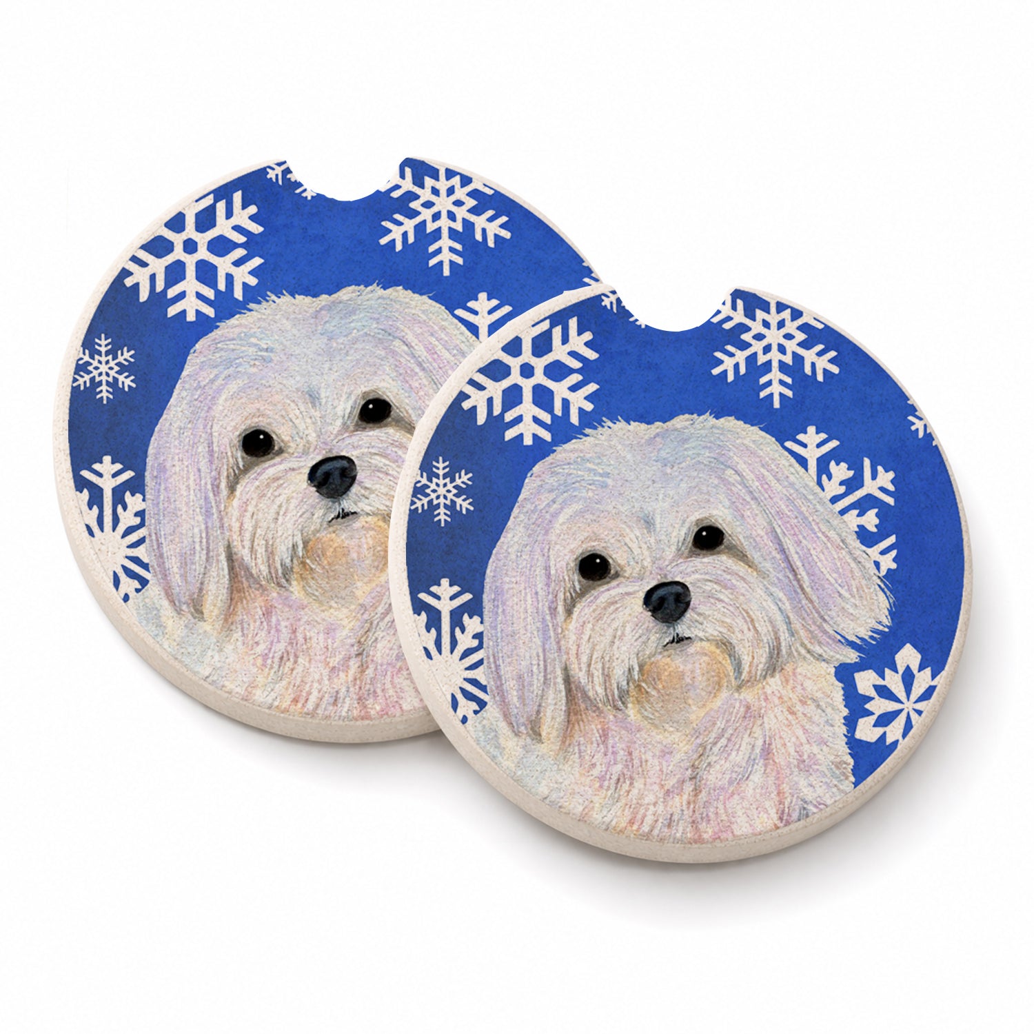 Maltese Winter Snowflakes Holiday Set of 2 Cup Holder Car Coasters Absorbent Round Sandstone Coasters Gifts for Men or Women, 2.5, Multicolor