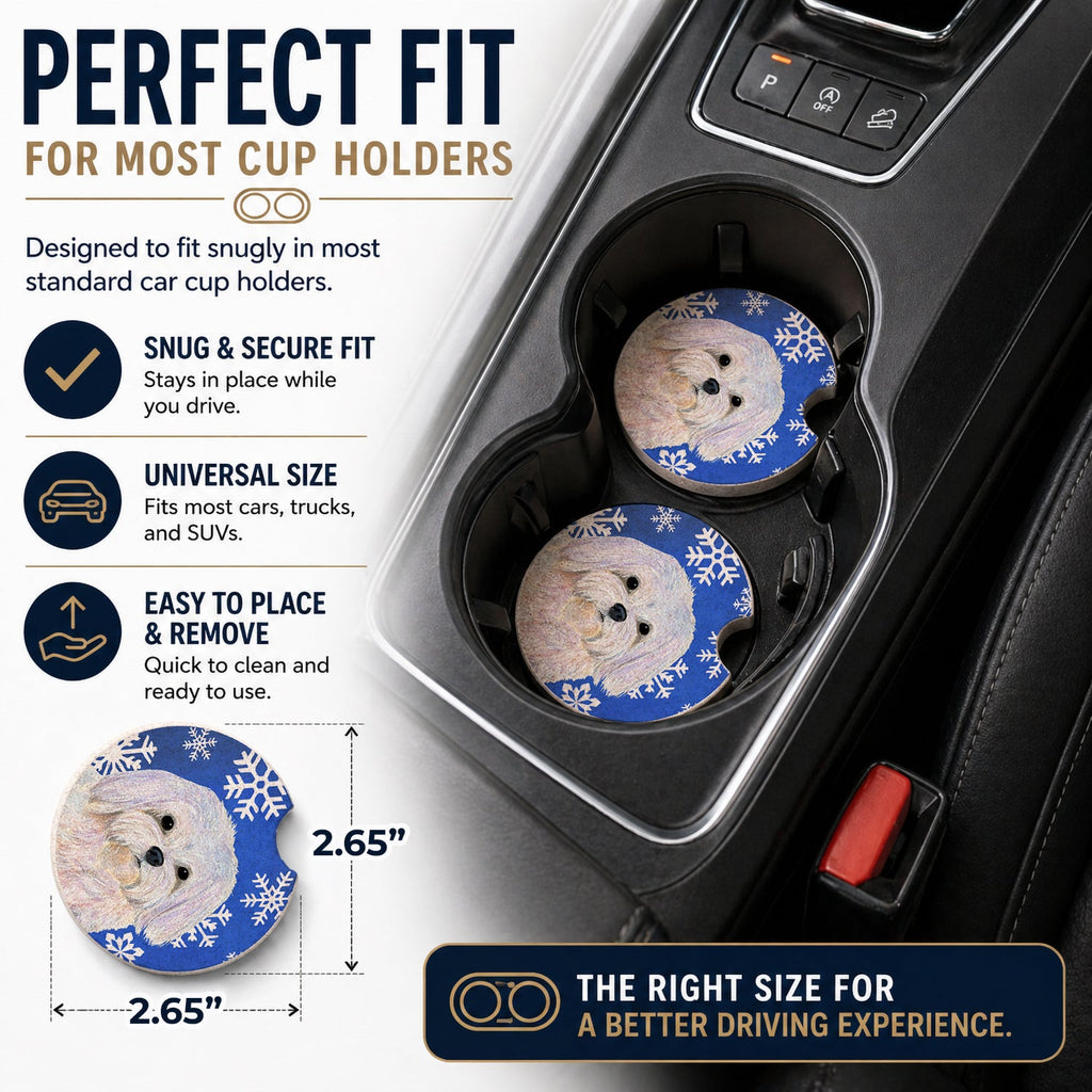 Maltese Winter Snowflakes Holiday Set of 2 Cup Holder Car Coasters Absorbent Round Sandstone Coasters Gifts for Men or Women, 2.5, Multicolor