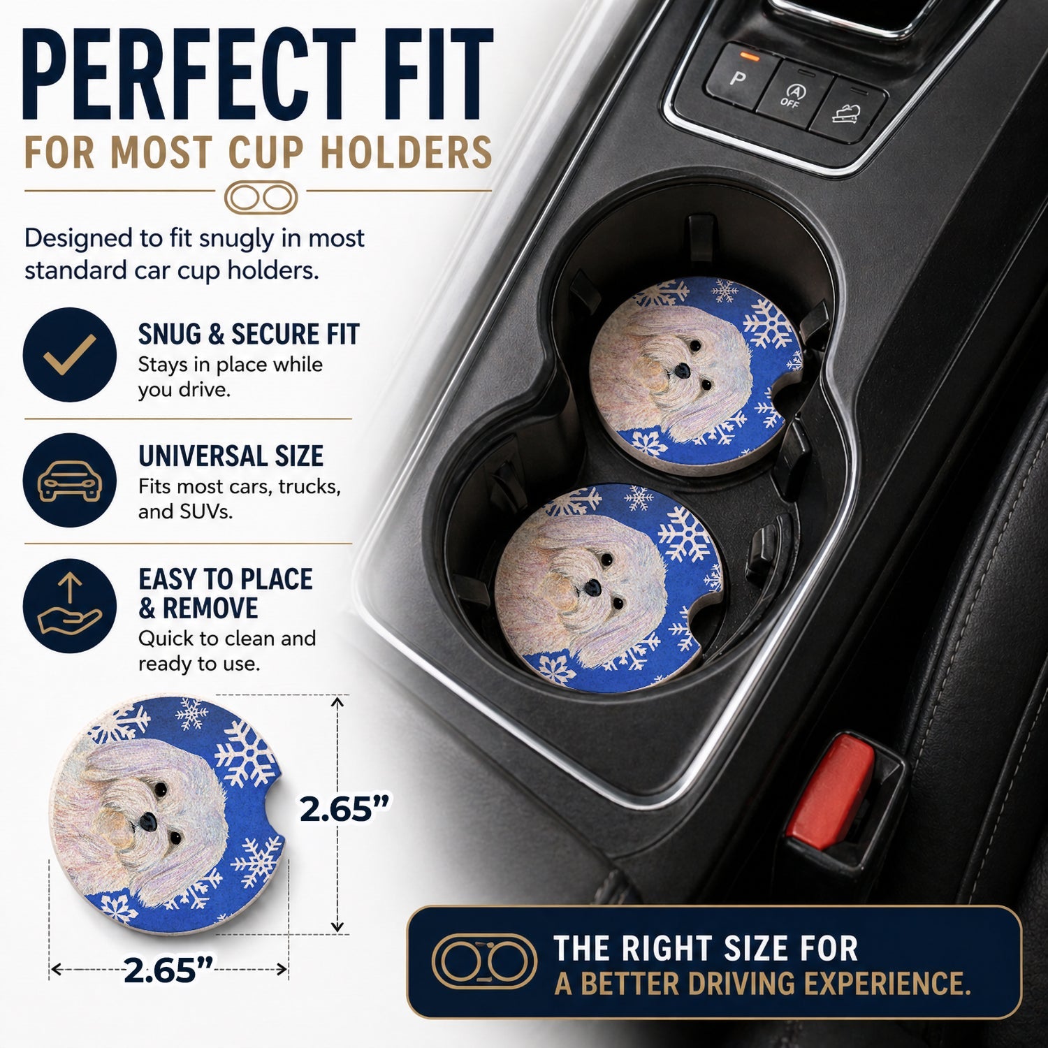 Maltese Winter Snowflakes Holiday Set of 2 Cup Holder Car Coasters Absorbent Round Sandstone Coasters Gifts for Men or Women, 2.5, Multicolor
