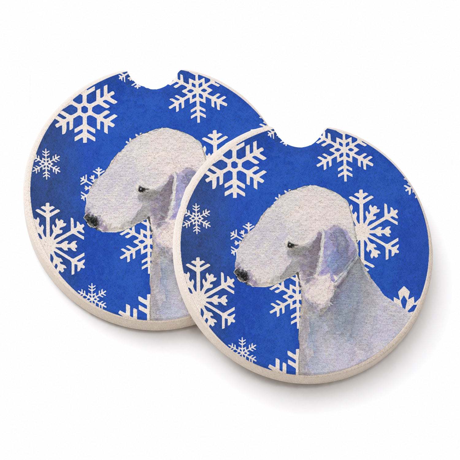 Bedlington Terrier Winter Snowflakes Holiday Set of 2 Cup Holder Car Coasters Absorbent Round Sandstone Coasters Gifts for Men or Women, 2.5, Multicolor