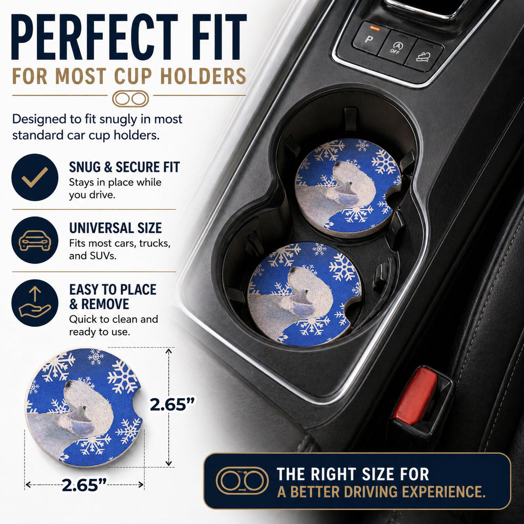 Bedlington Terrier Winter Snowflakes Holiday Set of 2 Cup Holder Car Coasters Absorbent Round Sandstone Coasters Gifts for Men or Women, 2.5, Multicolor