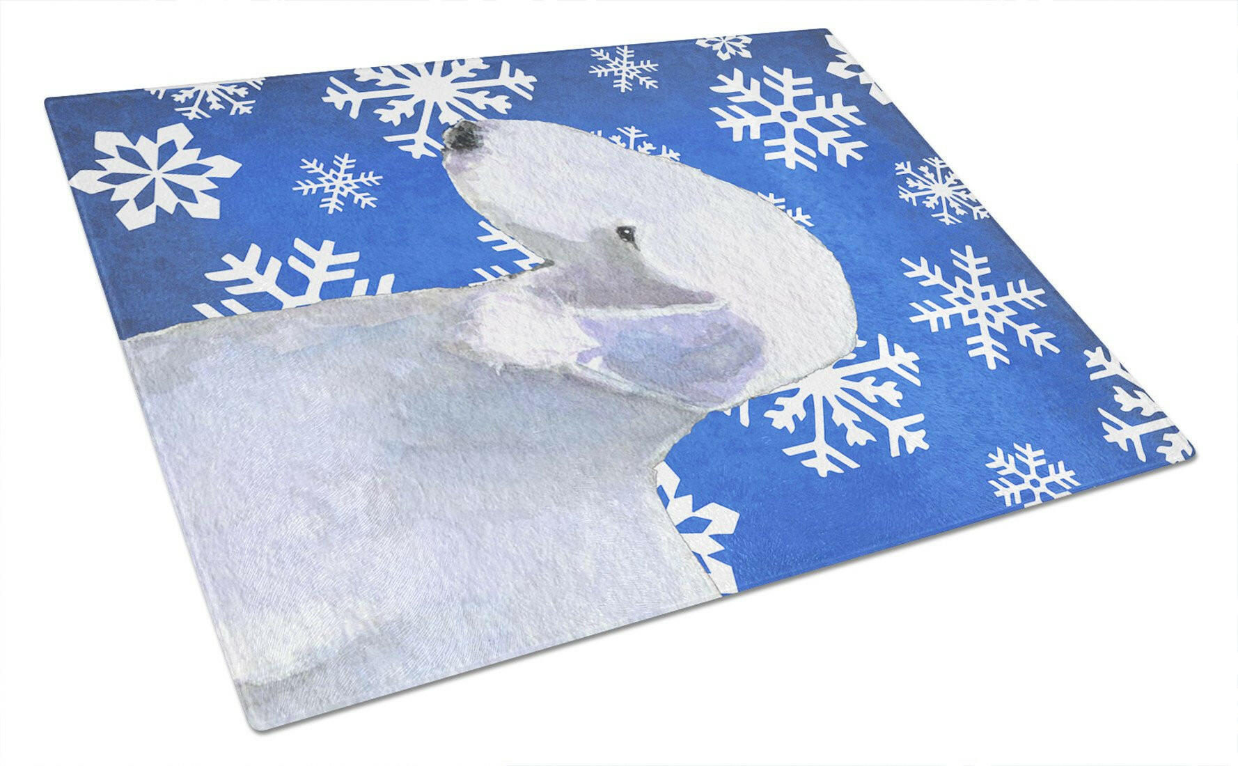 Bedlington Terrier Winter Snowflakes Holiday Cutting Board Tempered Glass Kitchen Cutting Surface, Heat Resistant Chopping, Non-Slip Feet, Food Prep & Serving