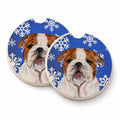 Bulldog English Winter Snowflakes Holiday Set of 2 Cup Holder Car Coasters Absorbent Round Sandstone Coasters Gifts for Men or Women, 2.5, Multicolor