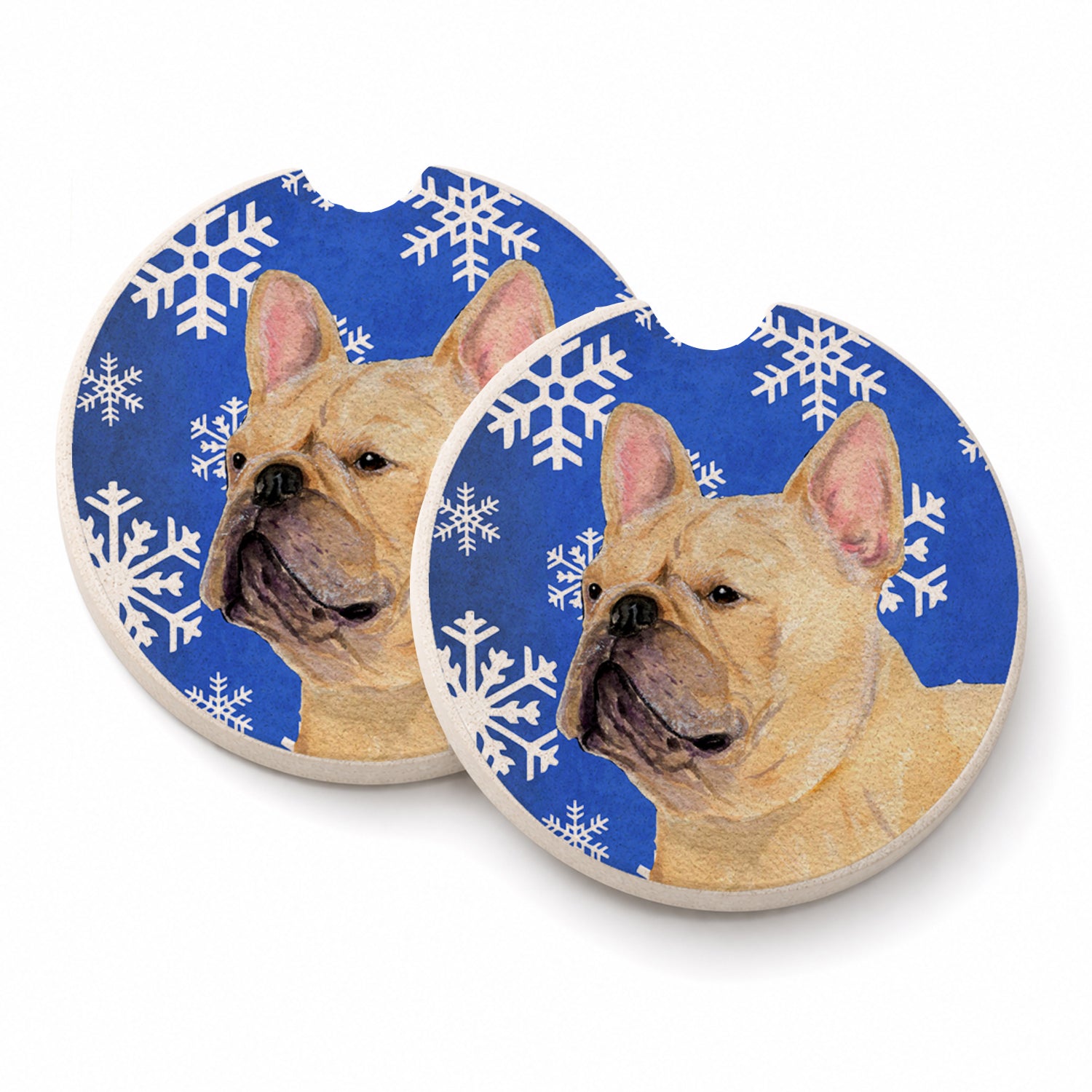 French Bulldog Winter Snowflakes Holiday Set of 2 Cup Holder Car Coasters Absorbent Round Sandstone Coasters Gifts for Men or Women, 2.5, Multicolor