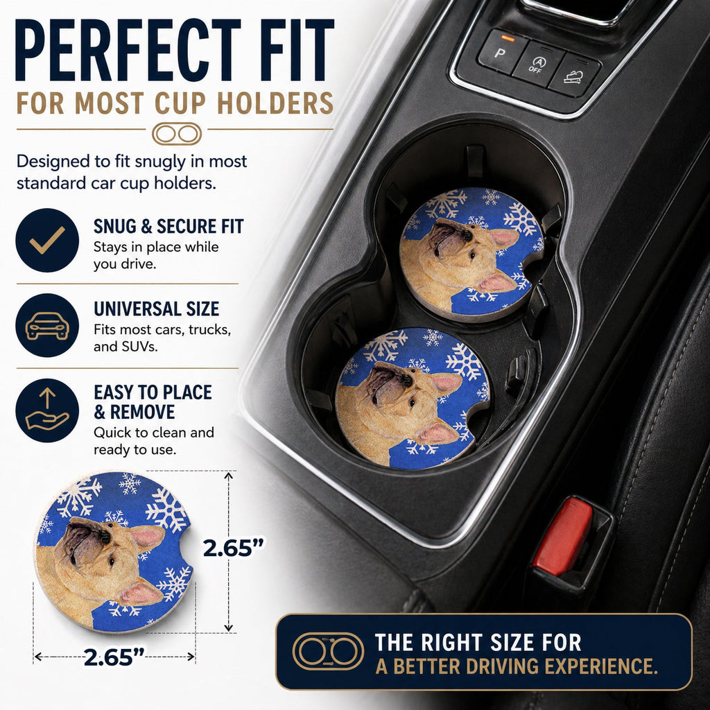 French Bulldog Winter Snowflakes Holiday Set of 2 Cup Holder Car Coasters Absorbent Round Sandstone Coasters Gifts for Men or Women, 2.5, Multicolor