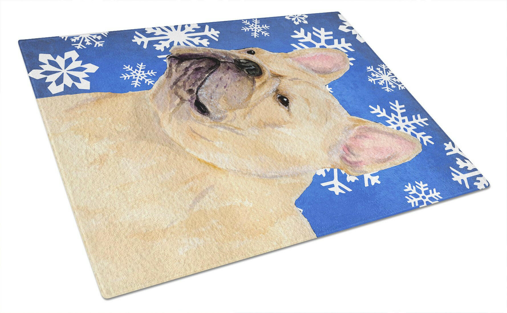 French Bulldog Winter Snowflakes Holiday Cutting Board Tempered Glass Kitchen Cutting Surface, Heat Resistant Chopping, Non-Slip Feet, Food Prep & Serving