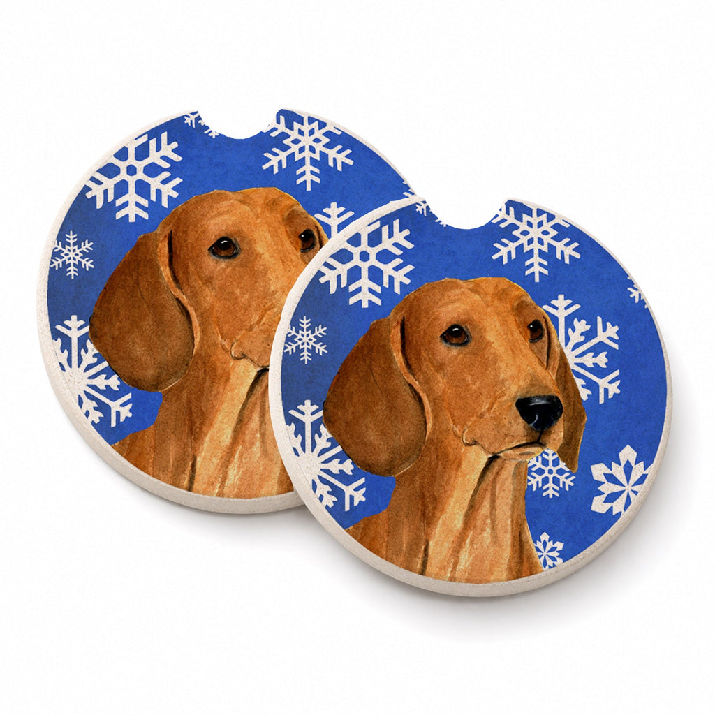 Dachshund Winter Snowflakes Holiday Set of 2 Cup Holder Car Coasters Absorbent Round Sandstone Coasters Gifts for Men or Women, 2.5, Multicolor