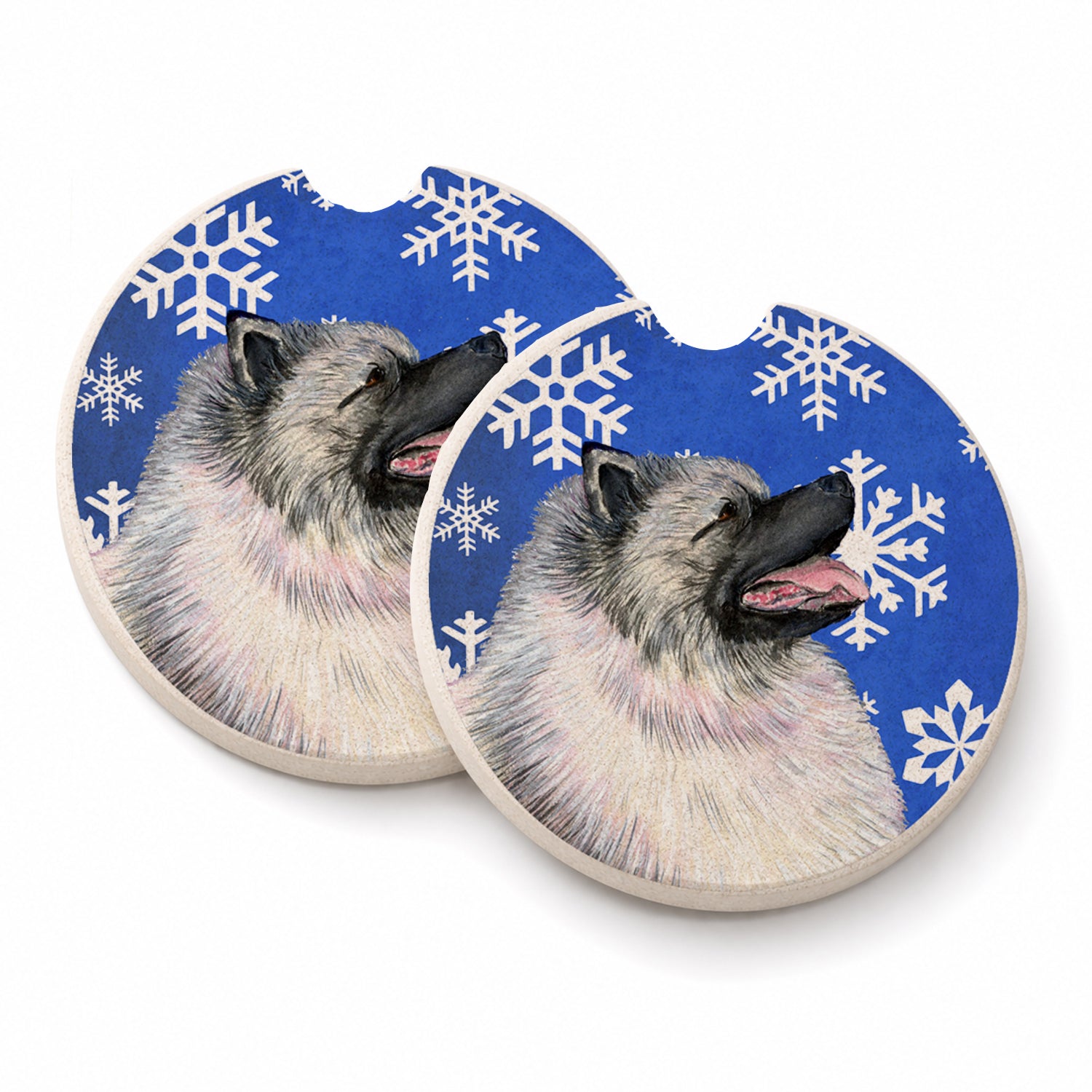 Keeshond Winter Snowflakes Holiday Set of 2 Cup Holder Car Coasters Absorbent Round Sandstone Coasters Gifts for Men or Women, 2.5, Multicolor