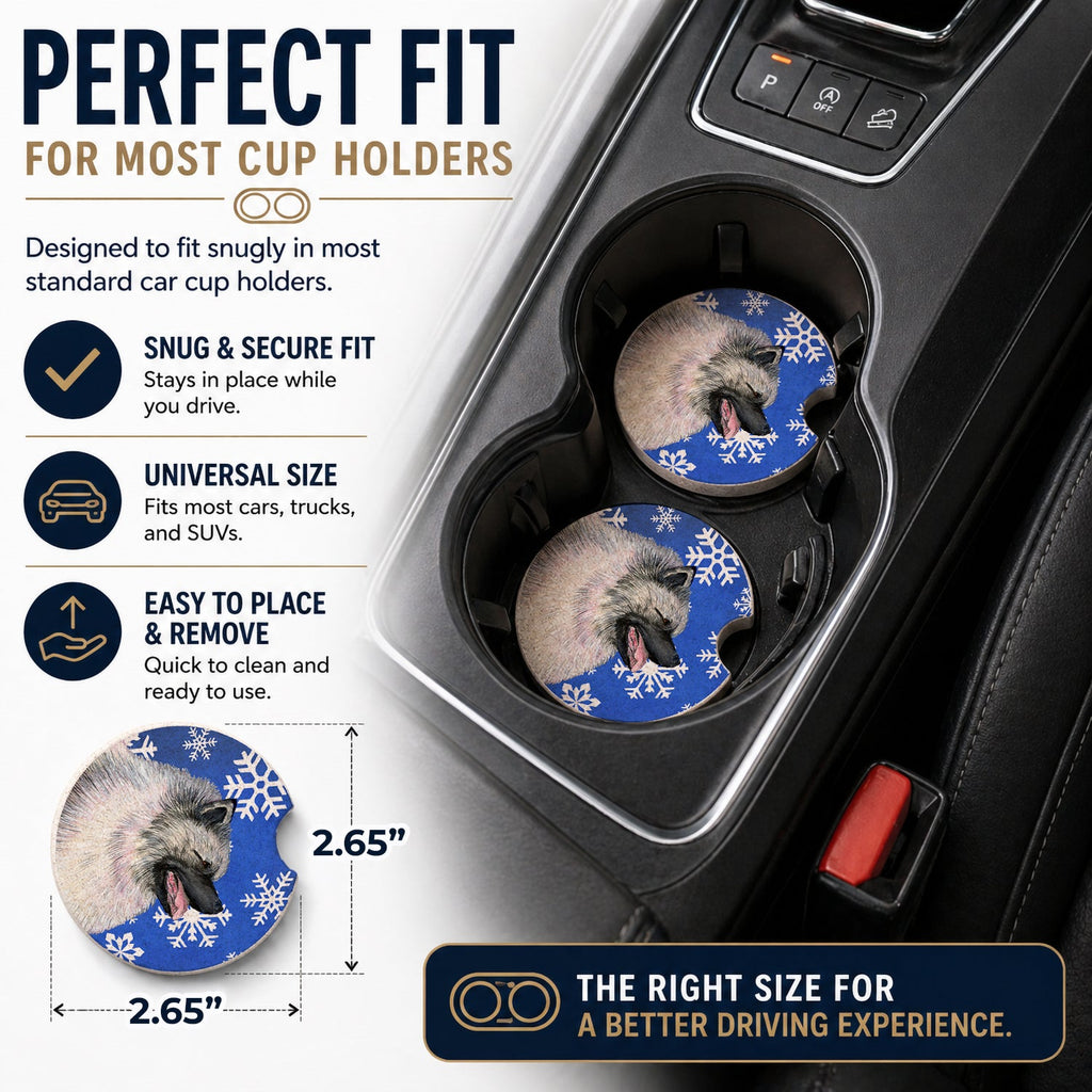 Keeshond Winter Snowflakes Holiday Set of 2 Cup Holder Car Coasters Absorbent Round Sandstone Coasters Gifts for Men or Women, 2.5, Multicolor