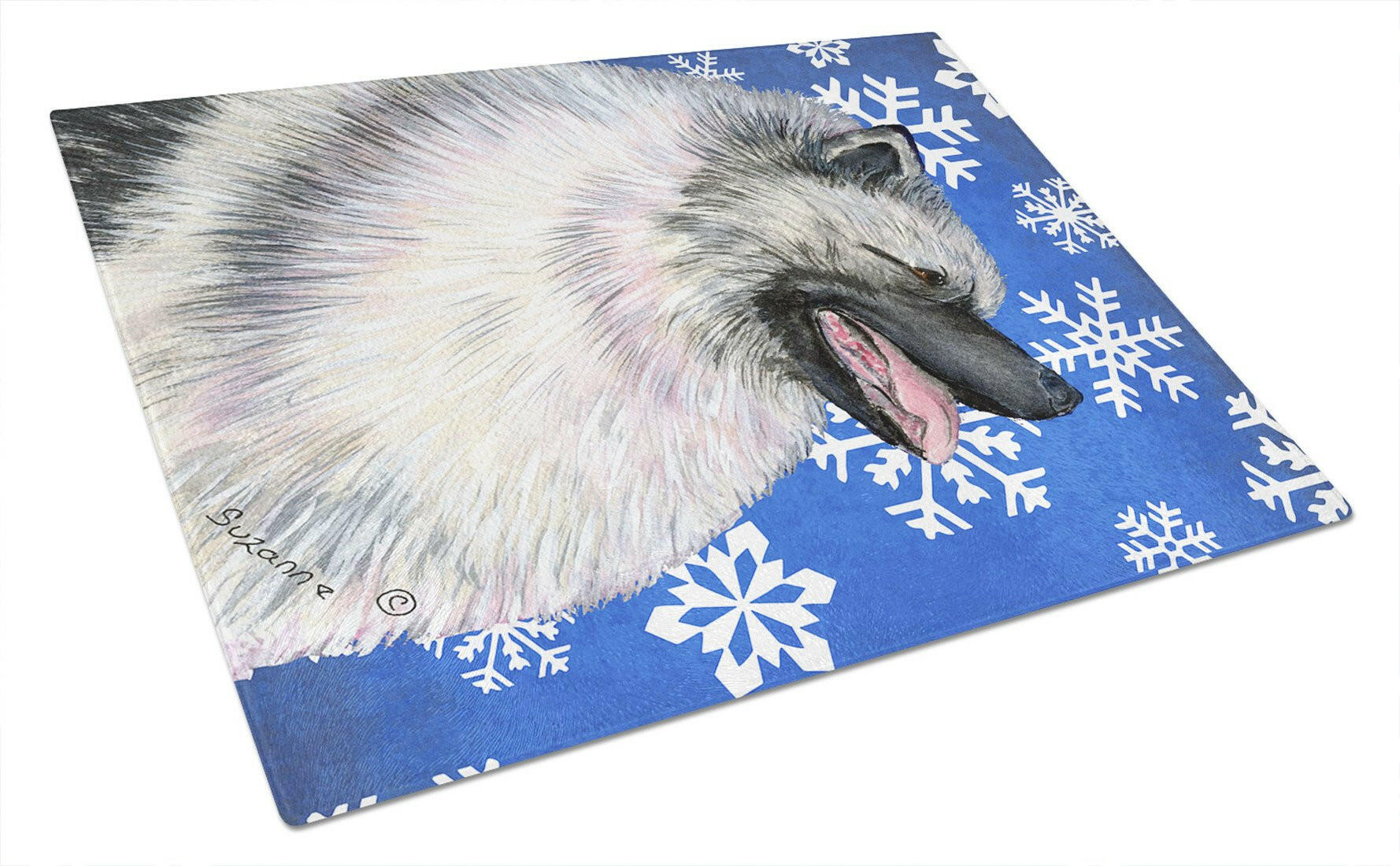 Keeshond Winter Snowflakes Holiday Cutting Board Tempered Glass Kitchen Cutting Surface, Heat Resistant Chopping, Non-Slip Feet, Food Prep & Serving