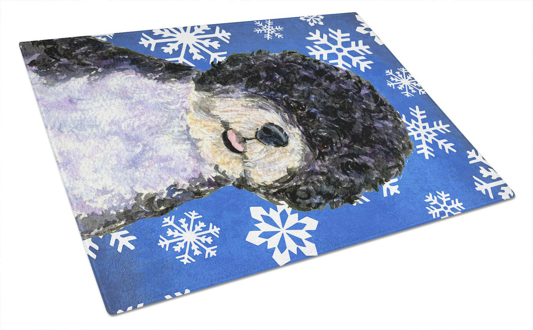 Portuguese Water Dog Winter Snowflakes Holiday Cutting Board Tempered Glass Kitchen Cutting Surface, Heat Resistant Chopping, Non-Slip Feet, Food Prep & Serving