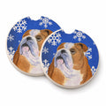 Bulldog English Winter Snowflakes Holiday Set of 2 Cup Holder Car Coasters Absorbent Round Sandstone Coasters Gifts for Men or Women, 2.5, Multicolor