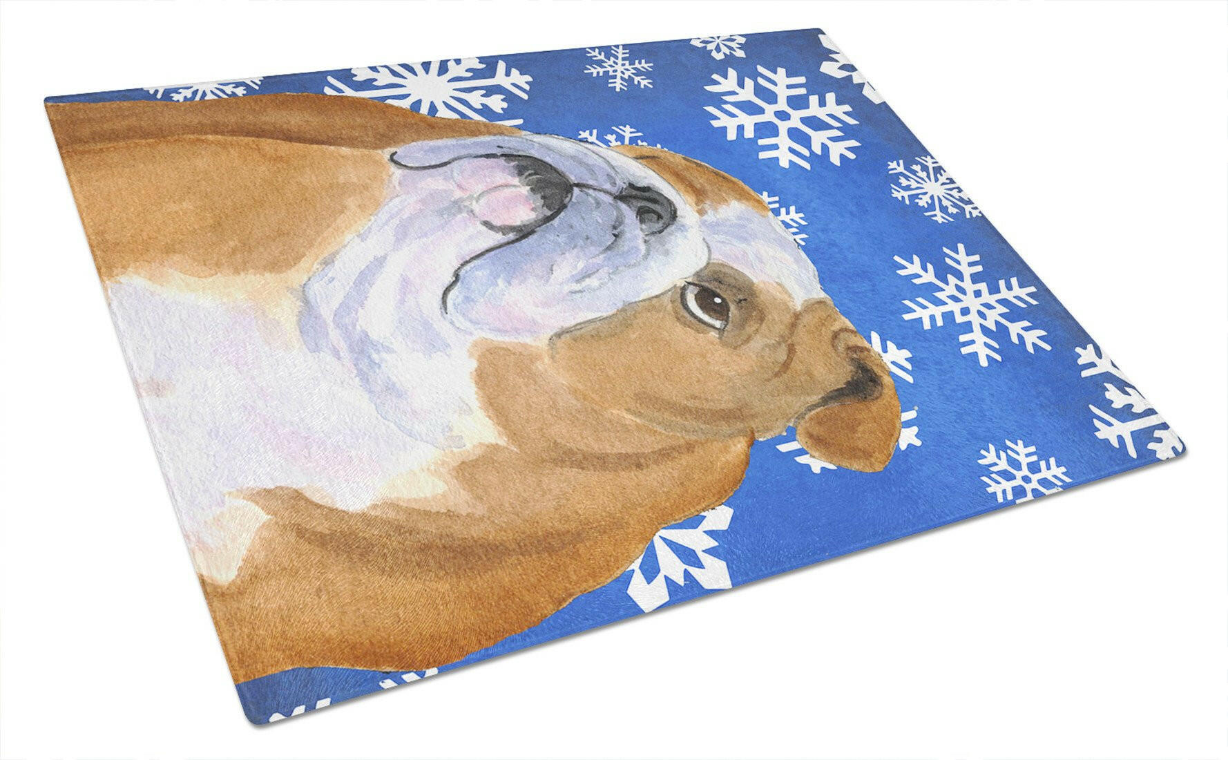 Bulldog English Winter Snowflakes Holiday Cutting Board Tempered Glass Kitchen Cutting Surface, Heat Resistant Chopping, Non-Slip Feet, Food Prep & Serving