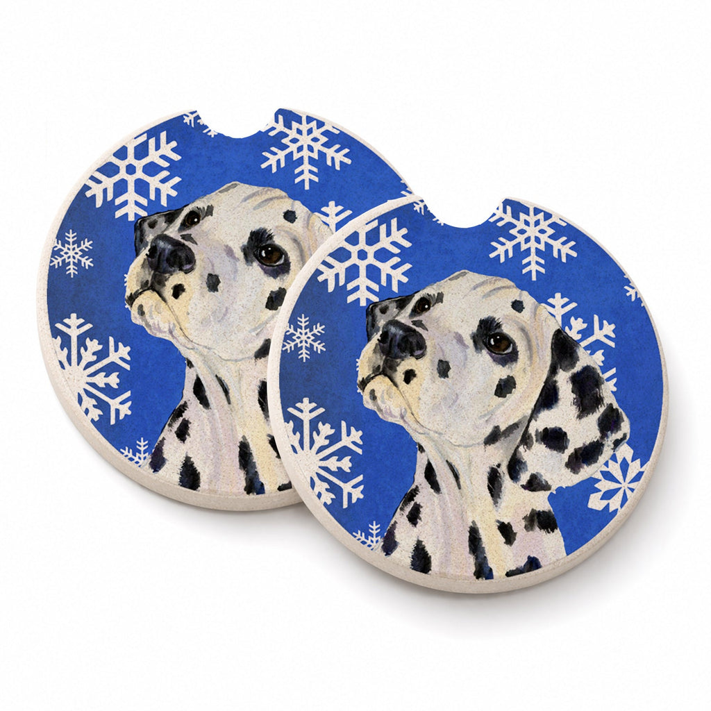 Dalmatian Winter Snowflakes Holiday Set of 2 Cup Holder Car Coasters Absorbent Round Sandstone Coasters Gifts for Men or Women, 2.5, Multicolor