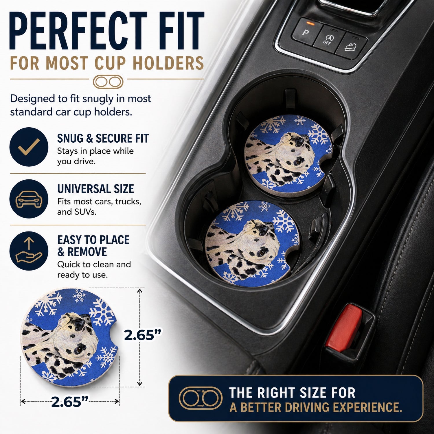 Dalmatian Winter Snowflakes Holiday Set of 2 Cup Holder Car Coasters Absorbent Round Sandstone Coasters Gifts for Men or Women, 2.5, Multicolor