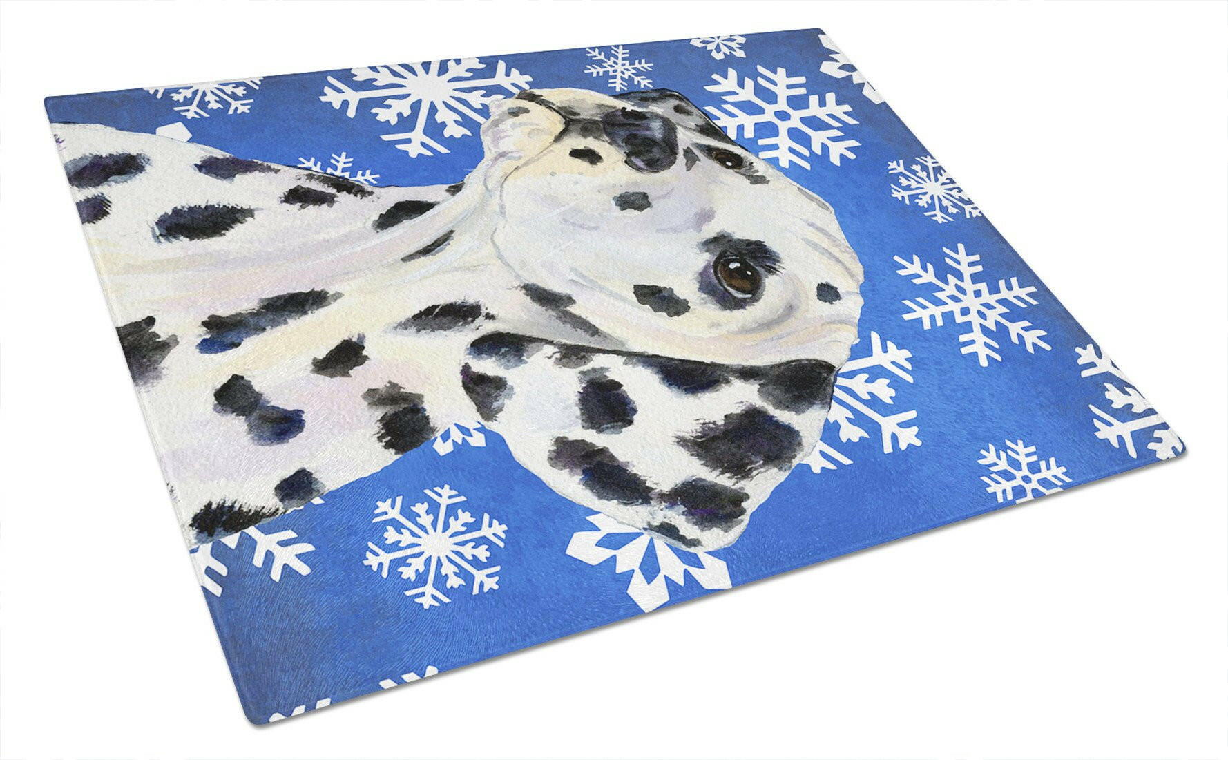 Dalmatian Winter Snowflakes Holiday Cutting Board Tempered Glass Kitchen Cutting Surface, Heat Resistant Chopping, Non-Slip Feet, Food Prep & Serving