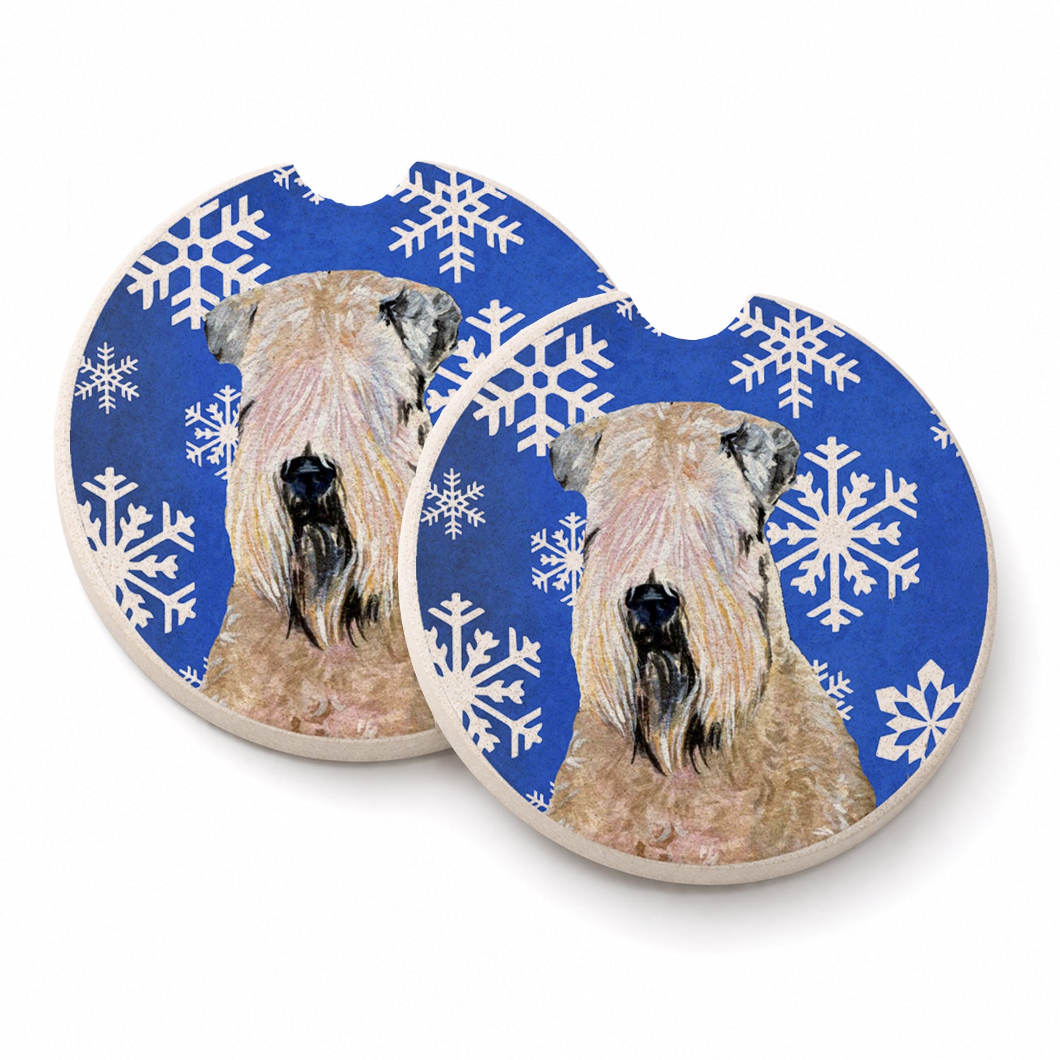 Wheaten Terrier Soft Coated Winter Snowflakes Holiday Set of 2 Cup Holder Car Coasters Absorbent Round Sandstone Coasters Gifts for Men or Women, 2.5, Multicolor