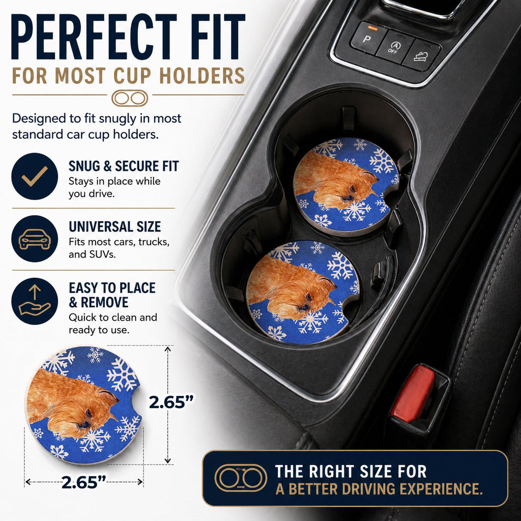 Brussels Griffon Winter Snowflakes Holiday Set of 2 Cup Holder Car Coasters Absorbent Round Sandstone Coasters Gifts for Men or Women, 2.5, Multicolor