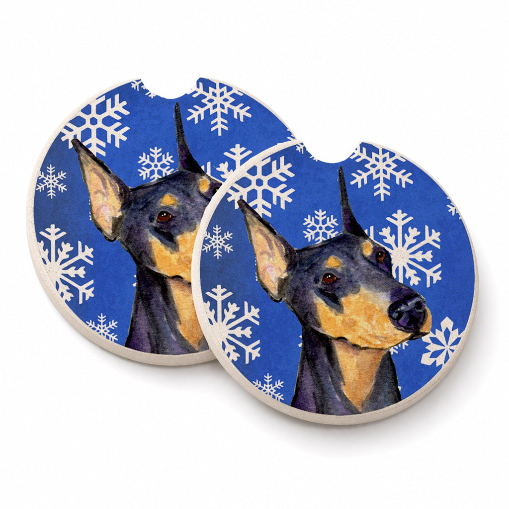 Doberman Winter Snowflakes Holiday Set of 2 Cup Holder Car Coasters Absorbent Round Sandstone Coasters Gifts for Men or Women, 2.5, Multicolor