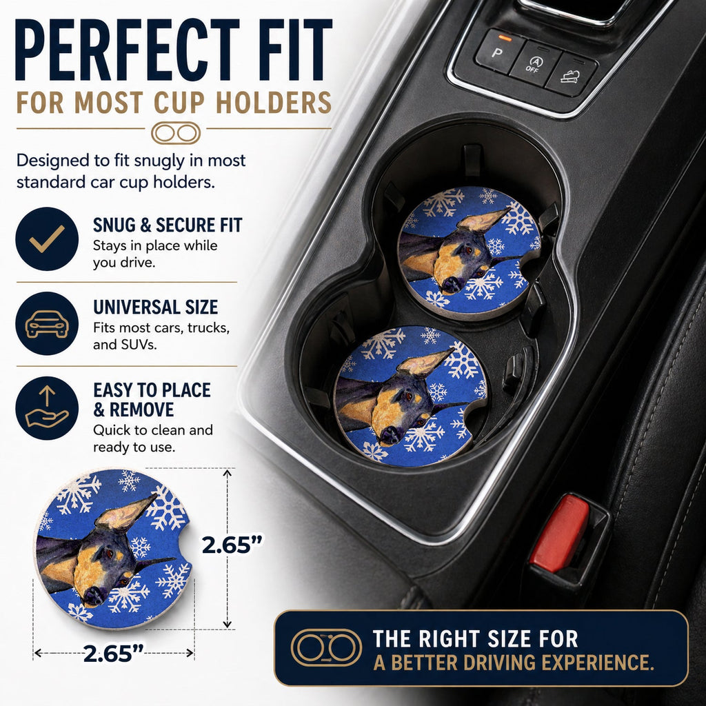 Doberman Winter Snowflakes Holiday Set of 2 Cup Holder Car Coasters Absorbent Round Sandstone Coasters Gifts for Men or Women, 2.5, Multicolor
