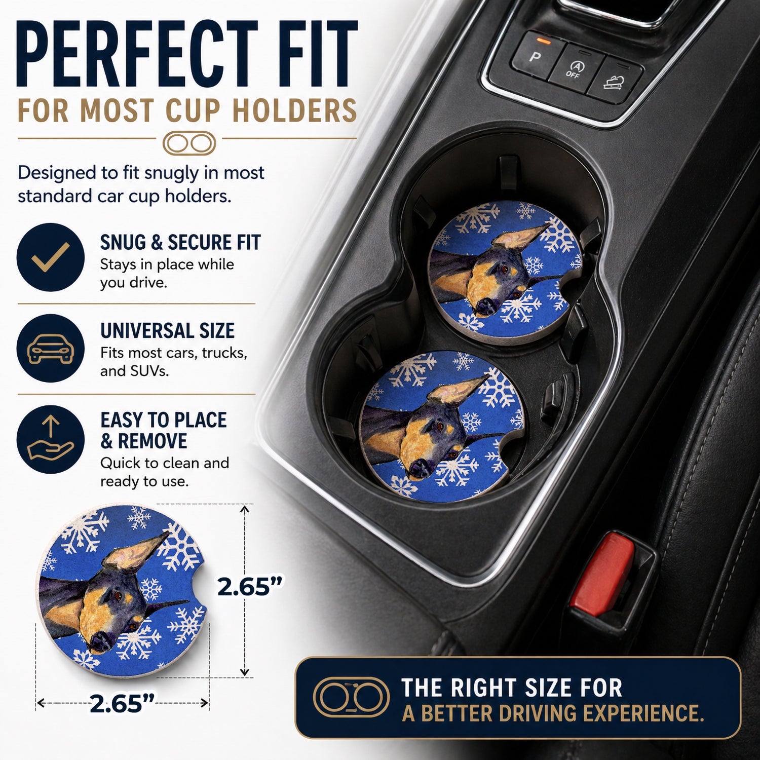 Doberman Winter Snowflakes Holiday Set of 2 Cup Holder Car Coasters Absorbent Round Sandstone Coasters Gifts for Men or Women, 2.5, Multicolor