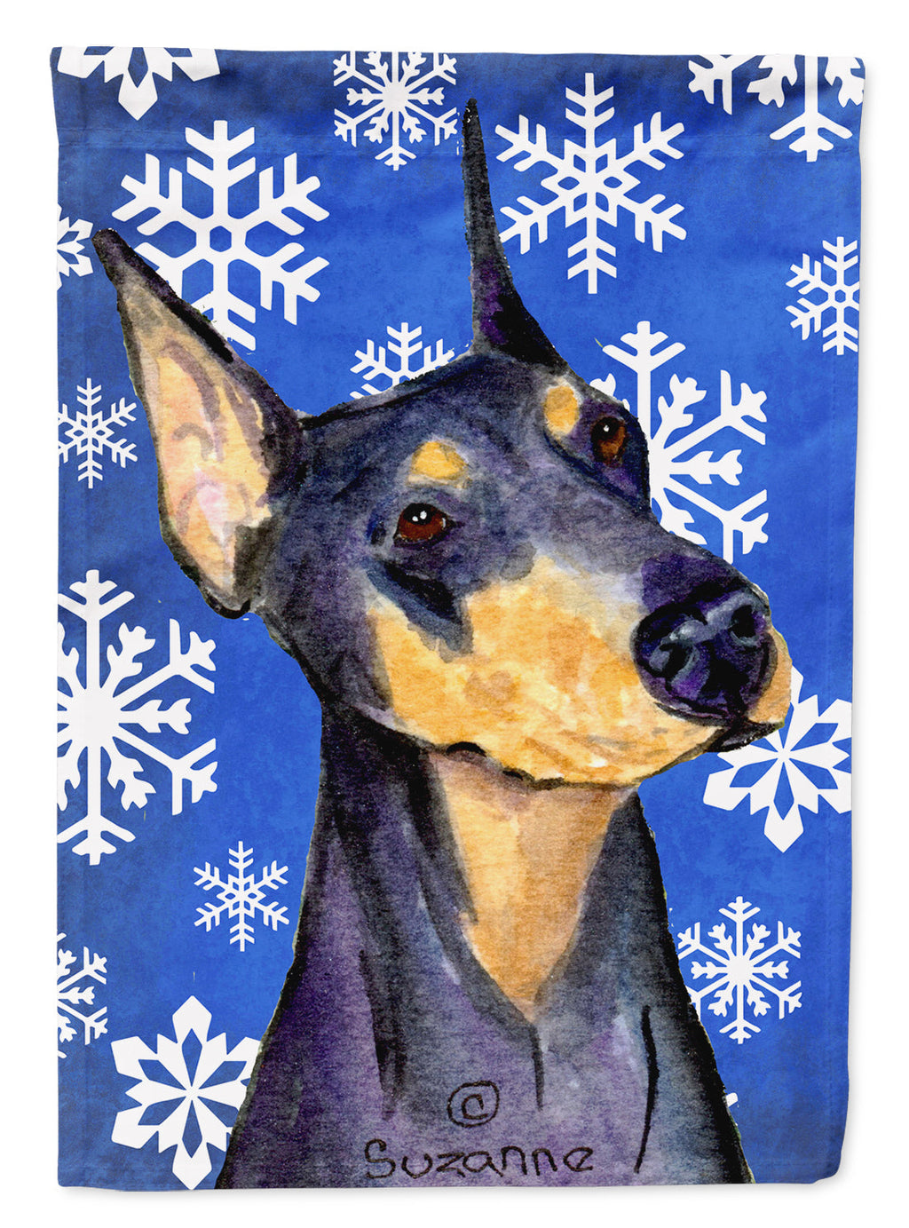 Doberman Winter Snowflakes Holiday House Flag 28x40 Porch Sleeve Pole Decorative Outside Yard Banner Artwork Wall Hanging, Polyester