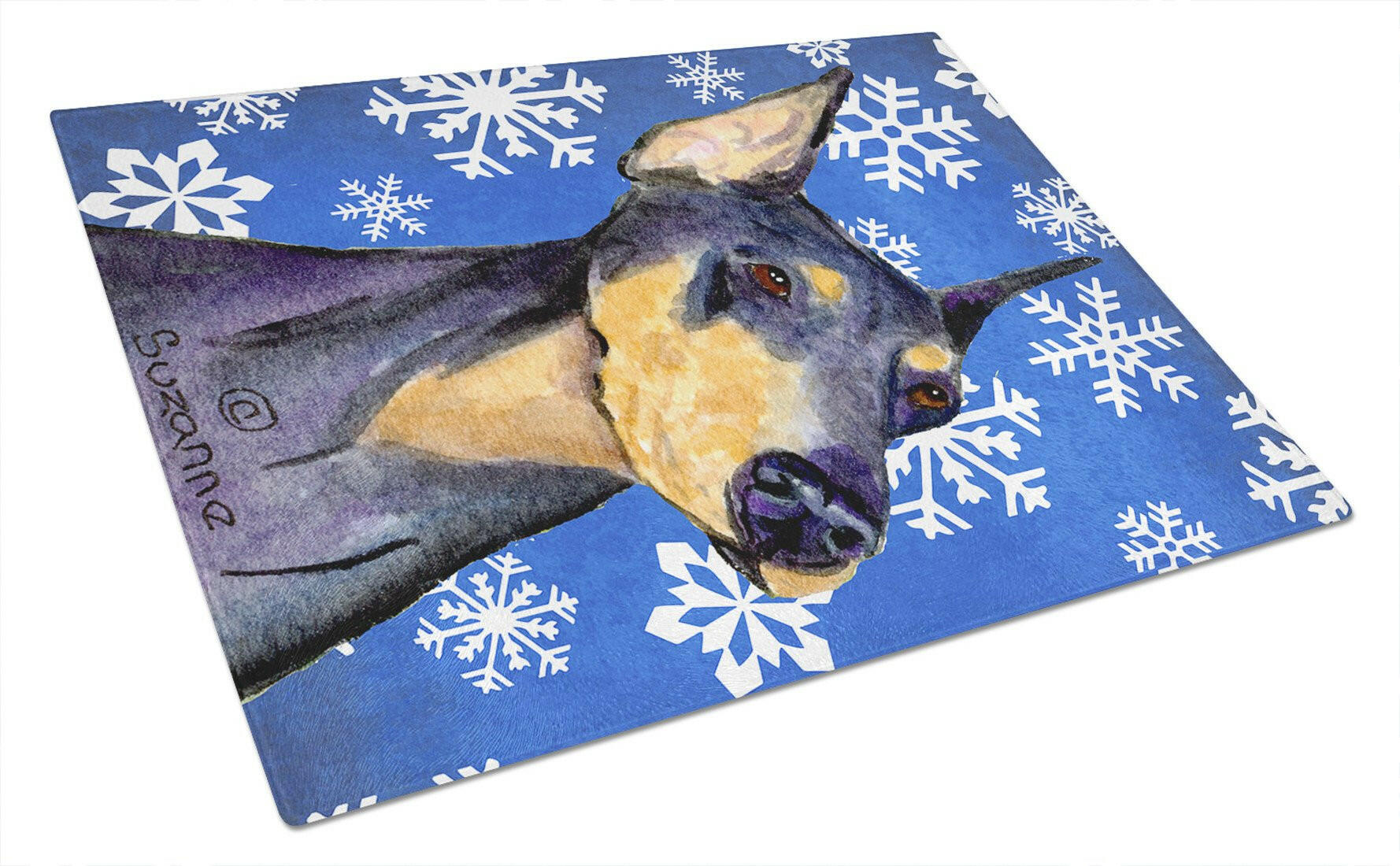 Doberman Winter Snowflakes Holiday Cutting Board Tempered Glass Kitchen Cutting Surface, Heat Resistant Chopping, Non-Slip Feet, Food Prep & Serving