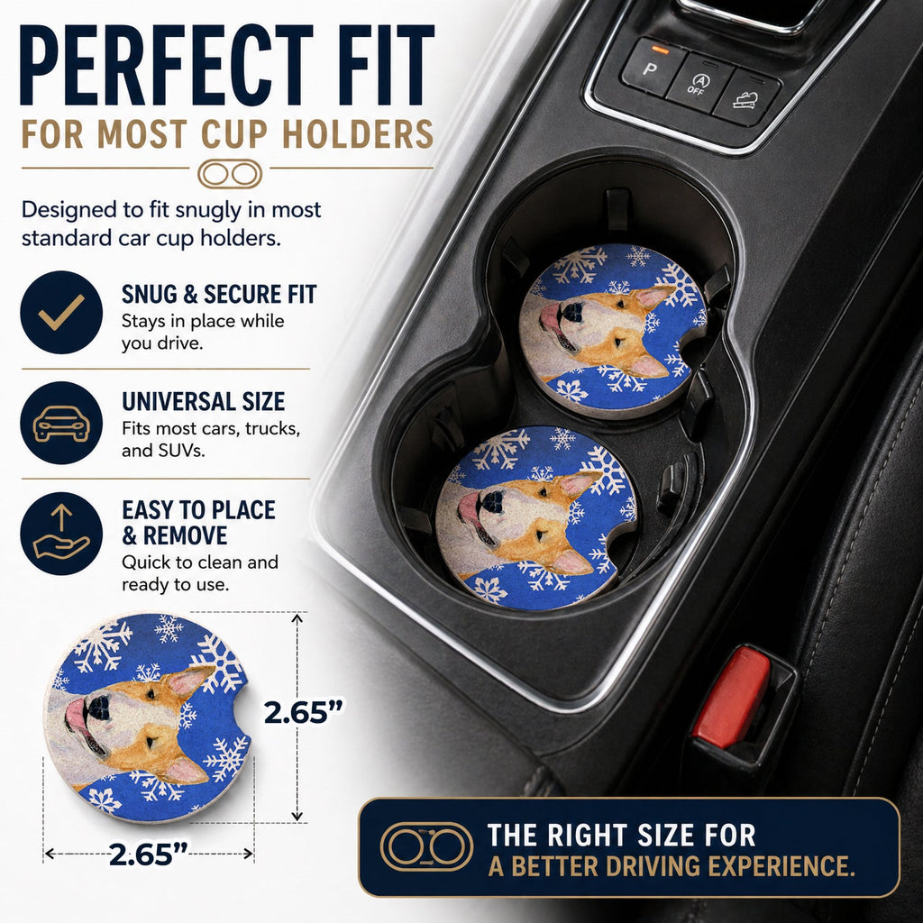 Bull Terrier Winter Snowflakes Holiday Set of 2 Cup Holder Car Coasters Absorbent Round Sandstone Coasters Gifts for Men or Women, 2.5, Multicolor