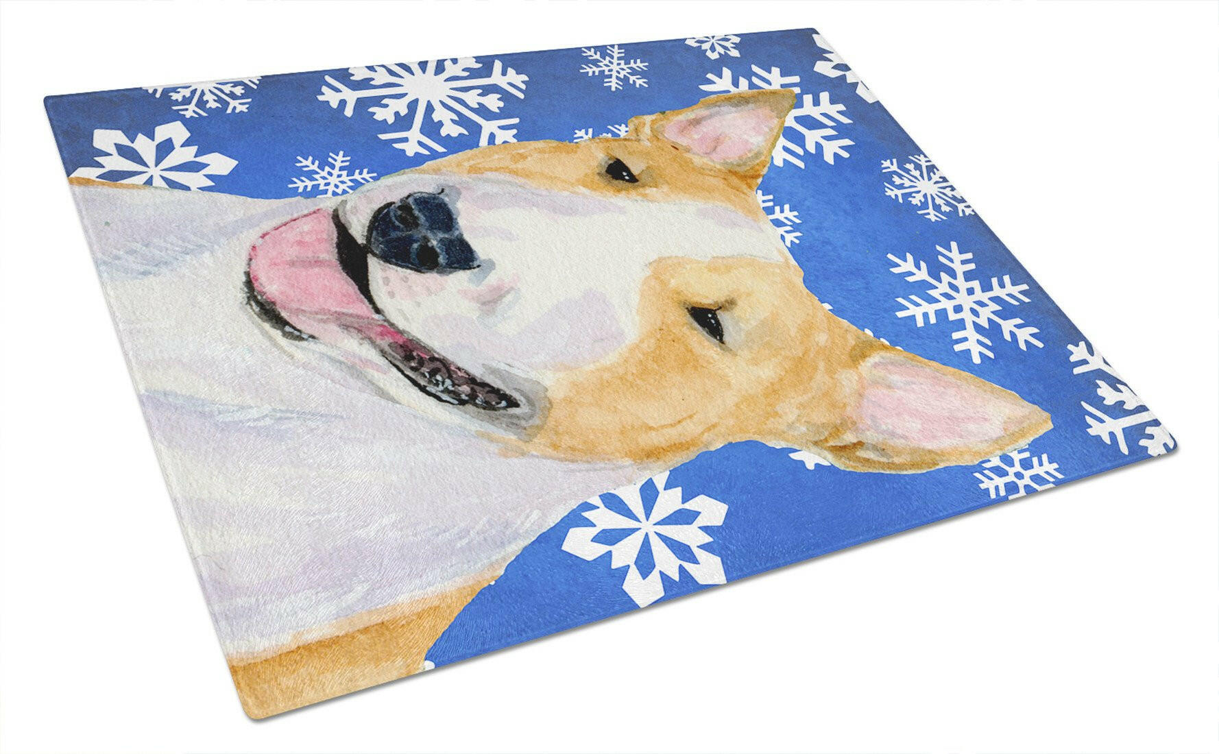 Bull Terrier Winter Snowflakes Holiday Cutting Board Tempered Glass Kitchen Cutting Surface, Heat Resistant Chopping, Non-Slip Feet, Food Prep & Serving