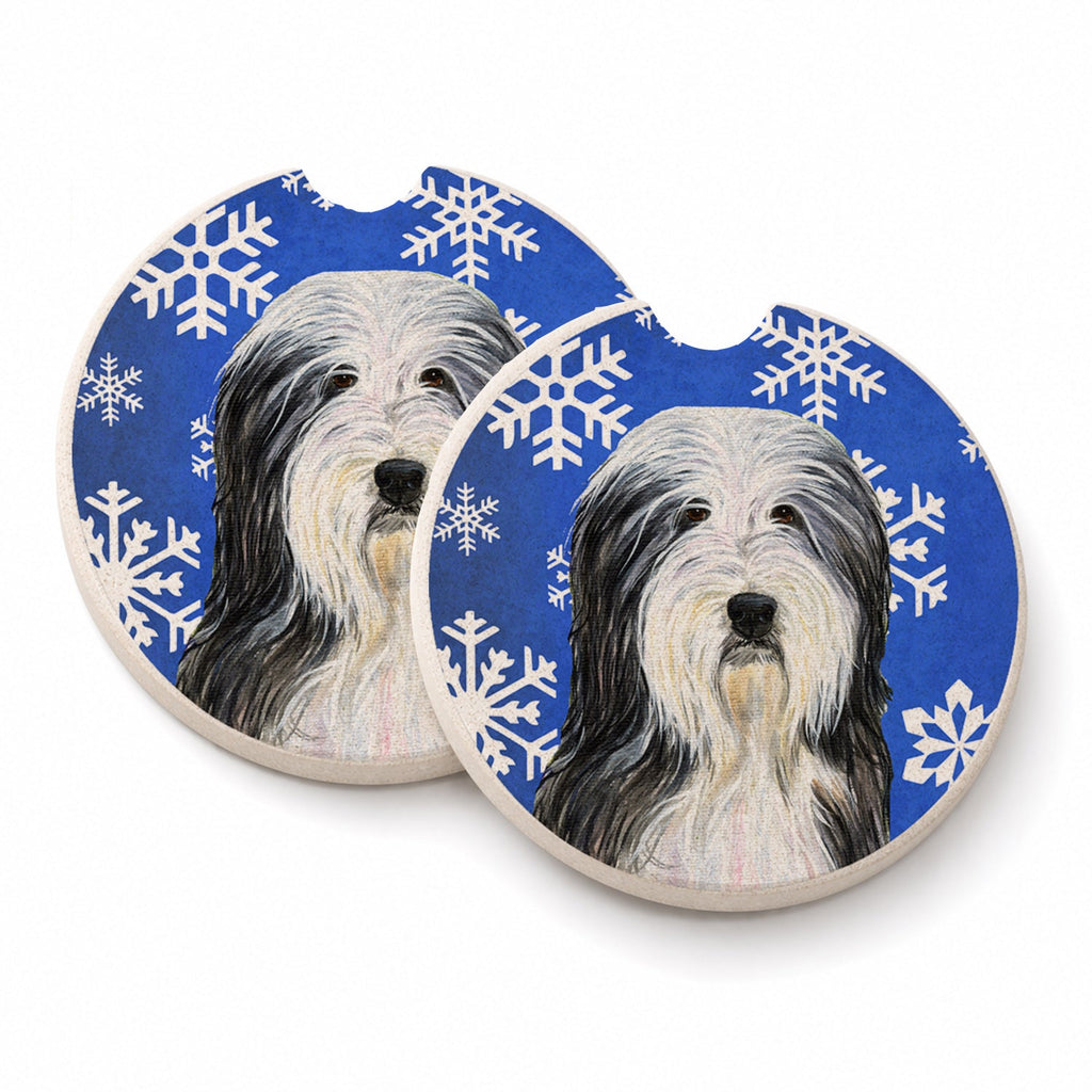 Bearded Collie Winter Snowflakes Holiday Set of 2 Cup Holder Car Coasters Absorbent Round Sandstone Coasters Gifts for Men or Women, 2.5, Multicolor