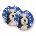 Bearded Collie Winter Snowflakes Holiday Set of 2 Cup Holder Car Coasters Absorbent Round Sandstone Coasters Gifts for Men or Women, 2.5, Multicolor