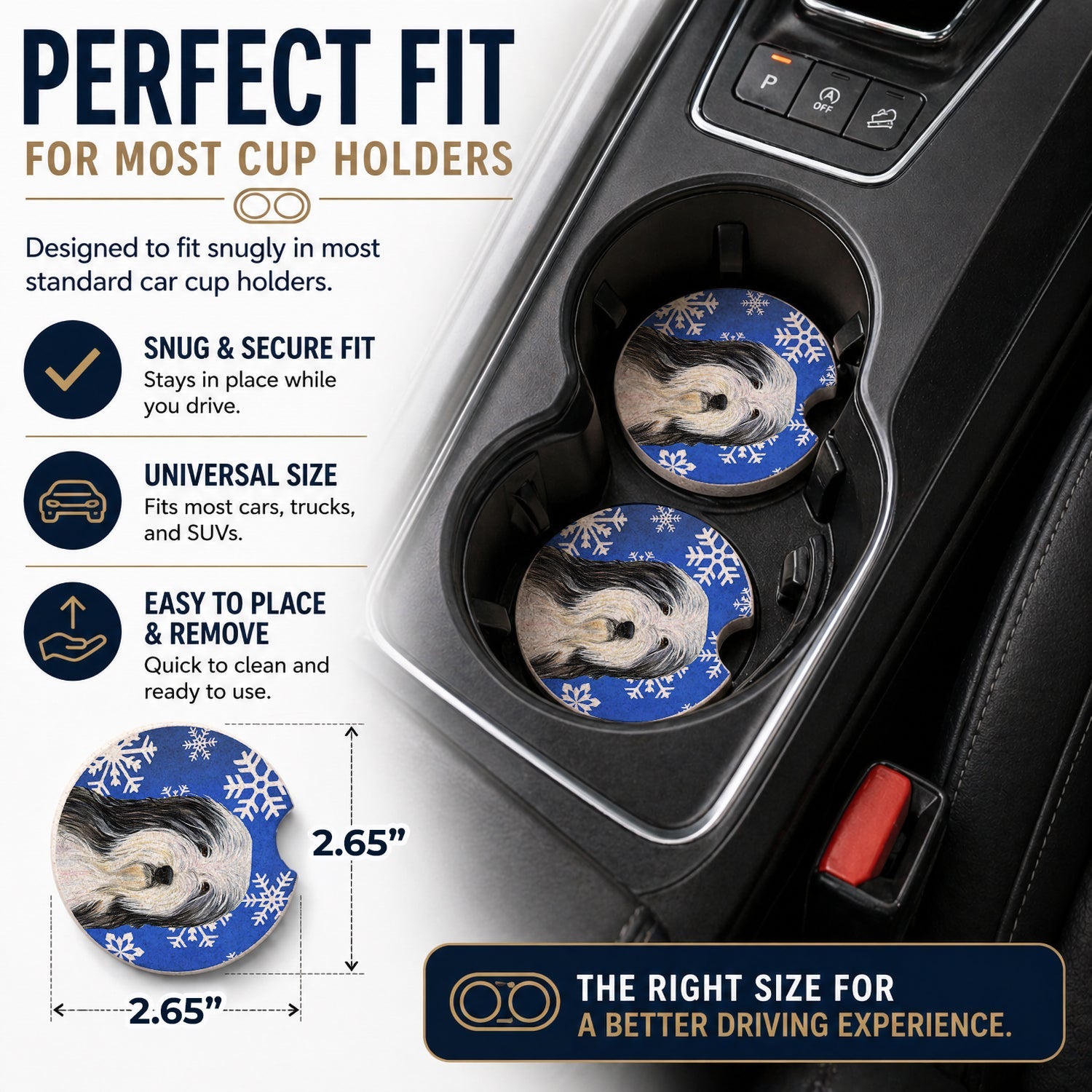 Bearded Collie Winter Snowflakes Holiday Set of 2 Cup Holder Car Coasters Absorbent Round Sandstone Coasters Gifts for Men or Women, 2.5, Multicolor