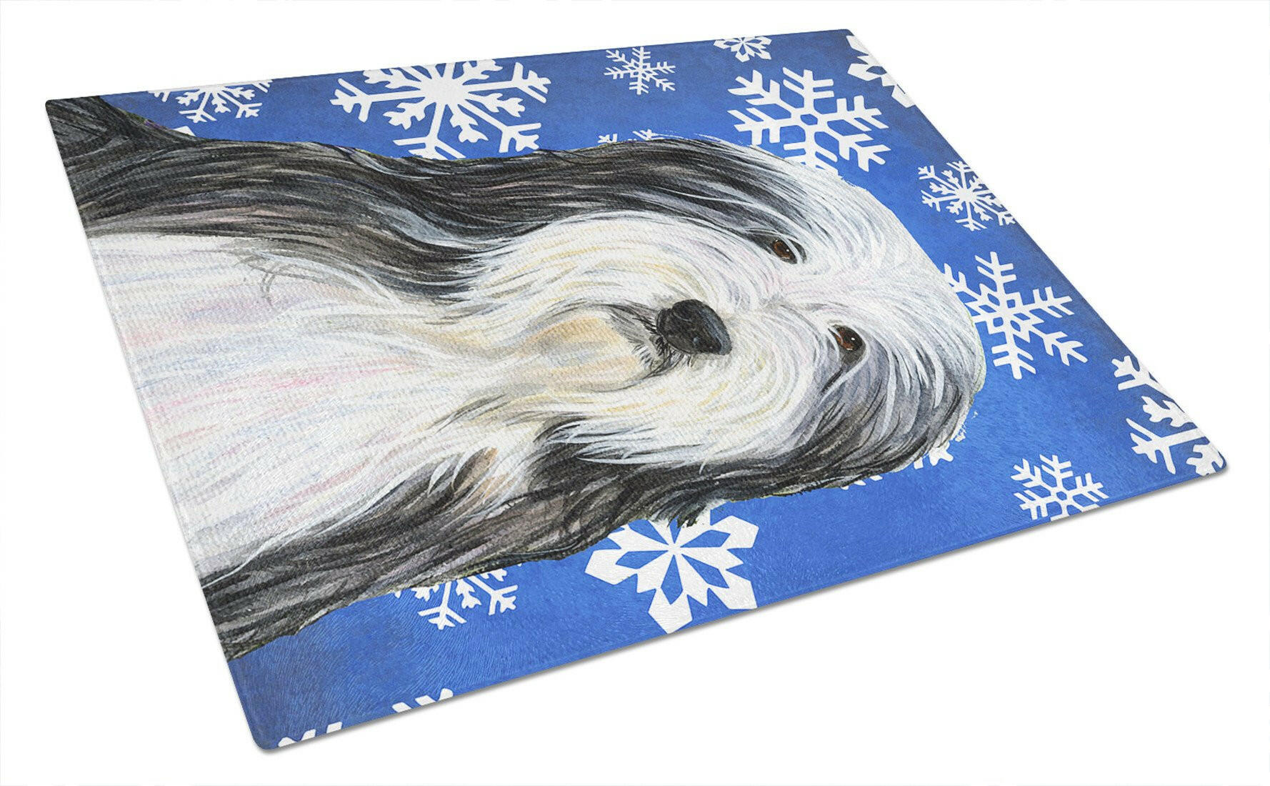 Bearded Collie Winter Snowflakes Holiday Cutting Board Tempered Glass Kitchen Cutting Surface, Heat Resistant Chopping, Non-Slip Feet, Food Prep & Serving