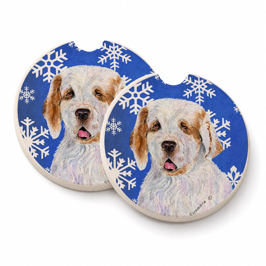 Clumber Spaniel Winter Snowflakes Holiday Set of 2 Cup Holder Car Coasters Absorbent Round Sandstone Coasters Gifts for Men or Women, 2.5, Multicolor