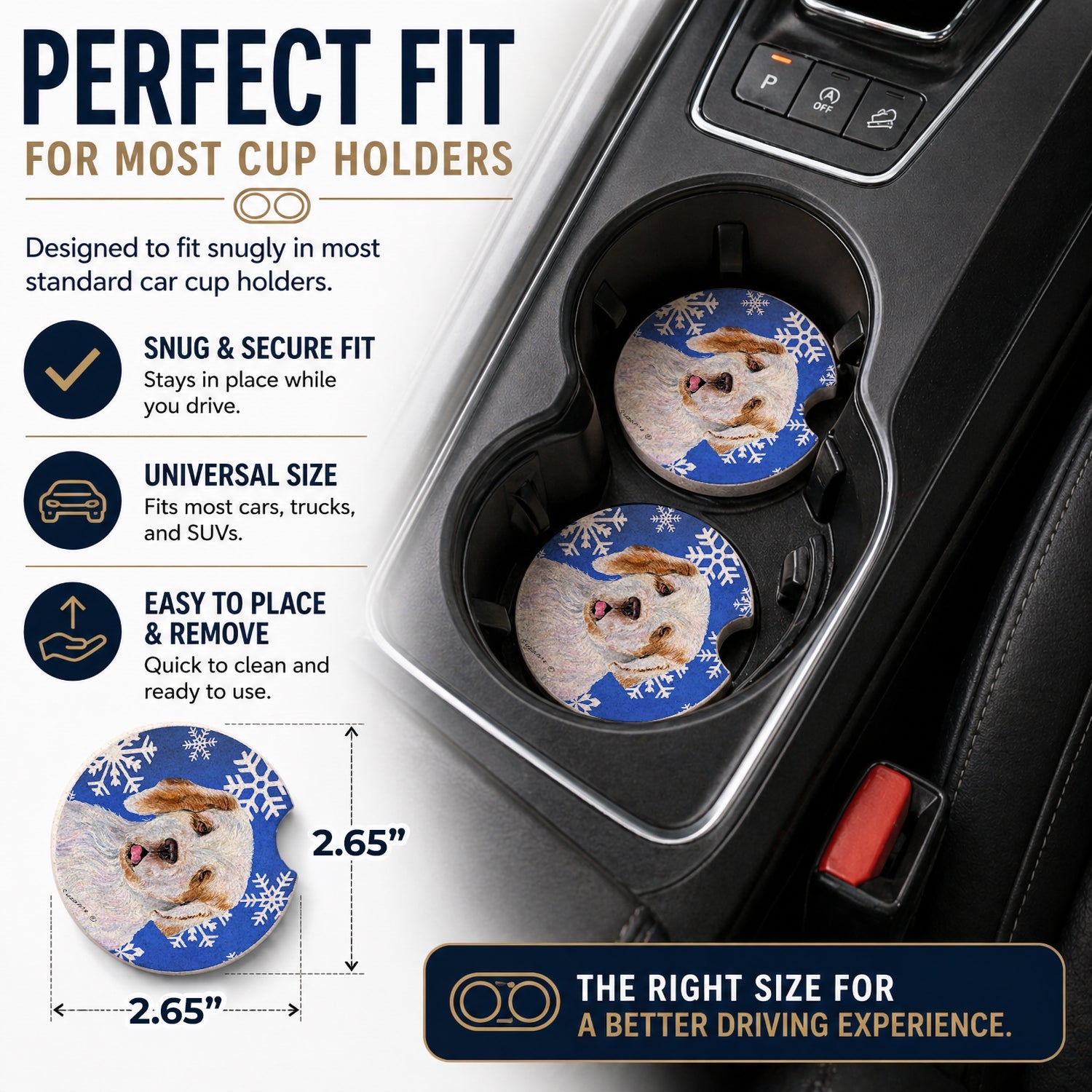 Clumber Spaniel Winter Snowflakes Holiday Set of 2 Cup Holder Car Coasters Absorbent Round Sandstone Coasters Gifts for Men or Women, 2.5, Multicolor
