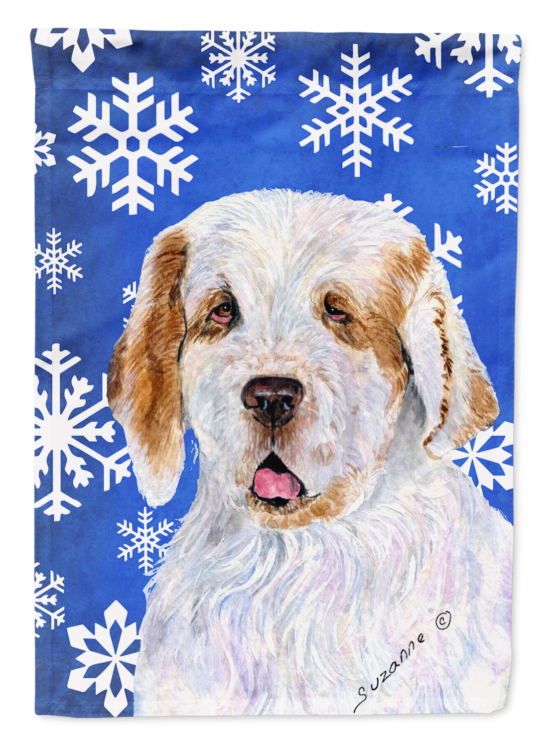 Clumber Spaniel Winter Snowflakes Holiday House Flag 28x40 Porch Sleeve Pole Decorative Outside Yard Banner Artwork Wall Hanging, Polyester