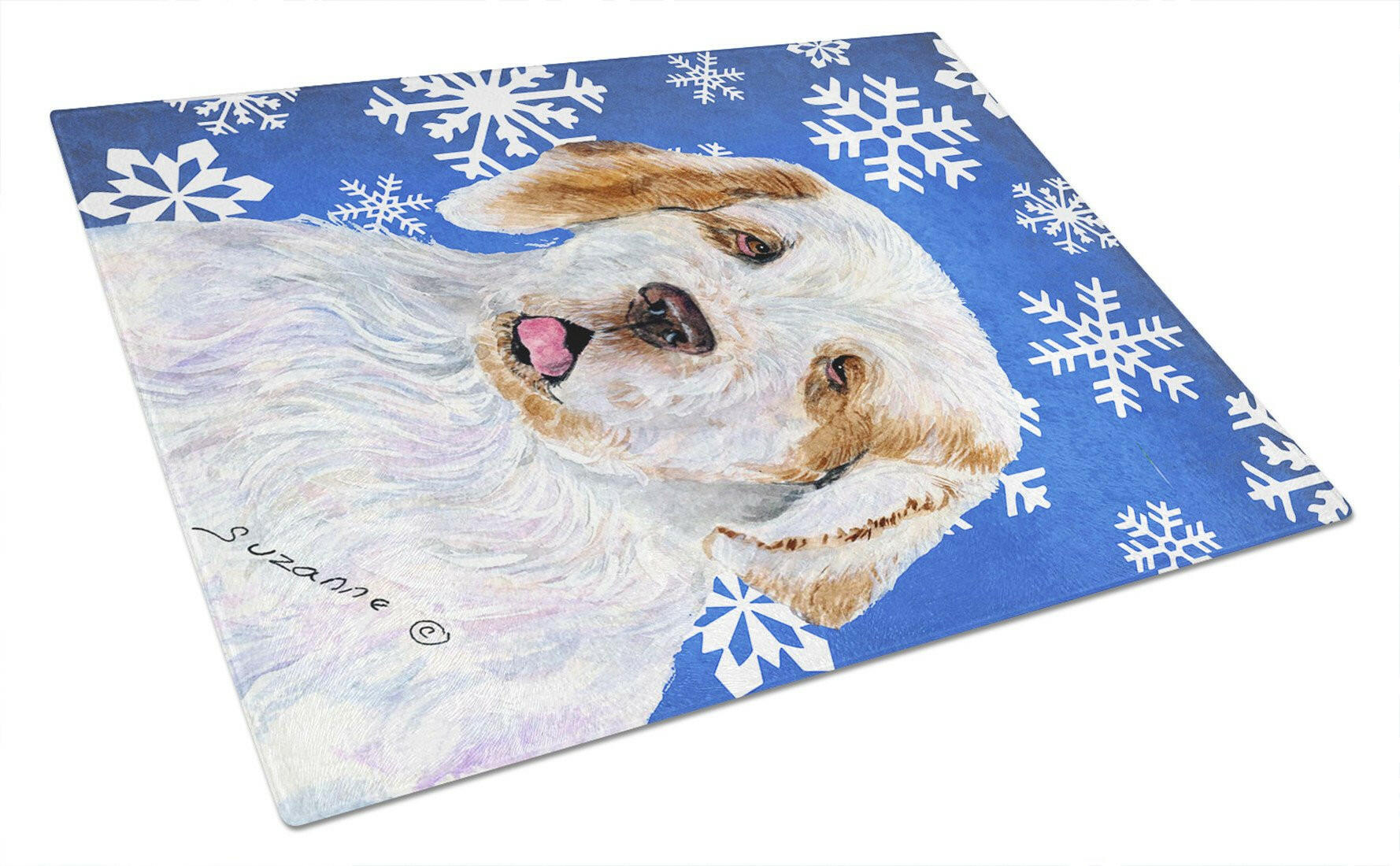 Clumber Spaniel Winter Snowflakes Holiday Cutting Board Tempered Glass Kitchen Cutting Surface, Heat Resistant Chopping, Non-Slip Feet, Food Prep & Serving