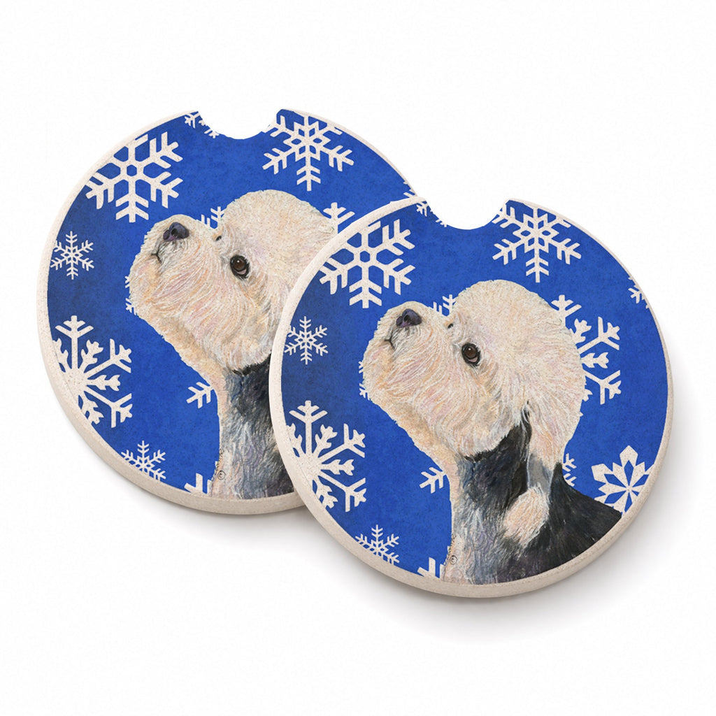 Dandie Dinmont Terrier Winter Snowflakes Holiday Set of 2 Cup Holder Car Coasters Absorbent Round Sandstone Coasters Gifts for Men or Women, 2.5, Multicolor