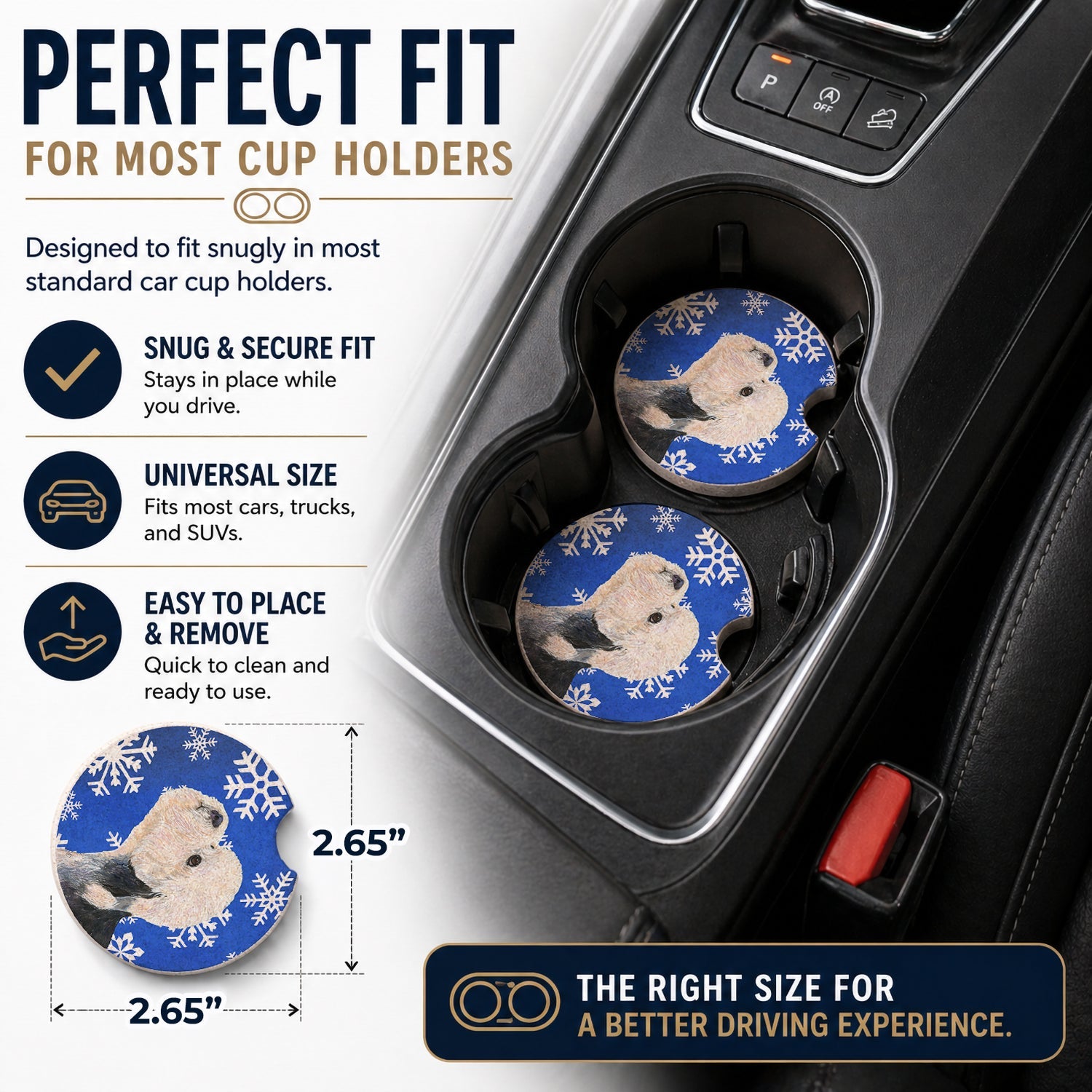 Dandie Dinmont Terrier Winter Snowflakes Holiday Set of 2 Cup Holder Car Coasters Absorbent Round Sandstone Coasters Gifts for Men or Women, 2.5, Multicolor