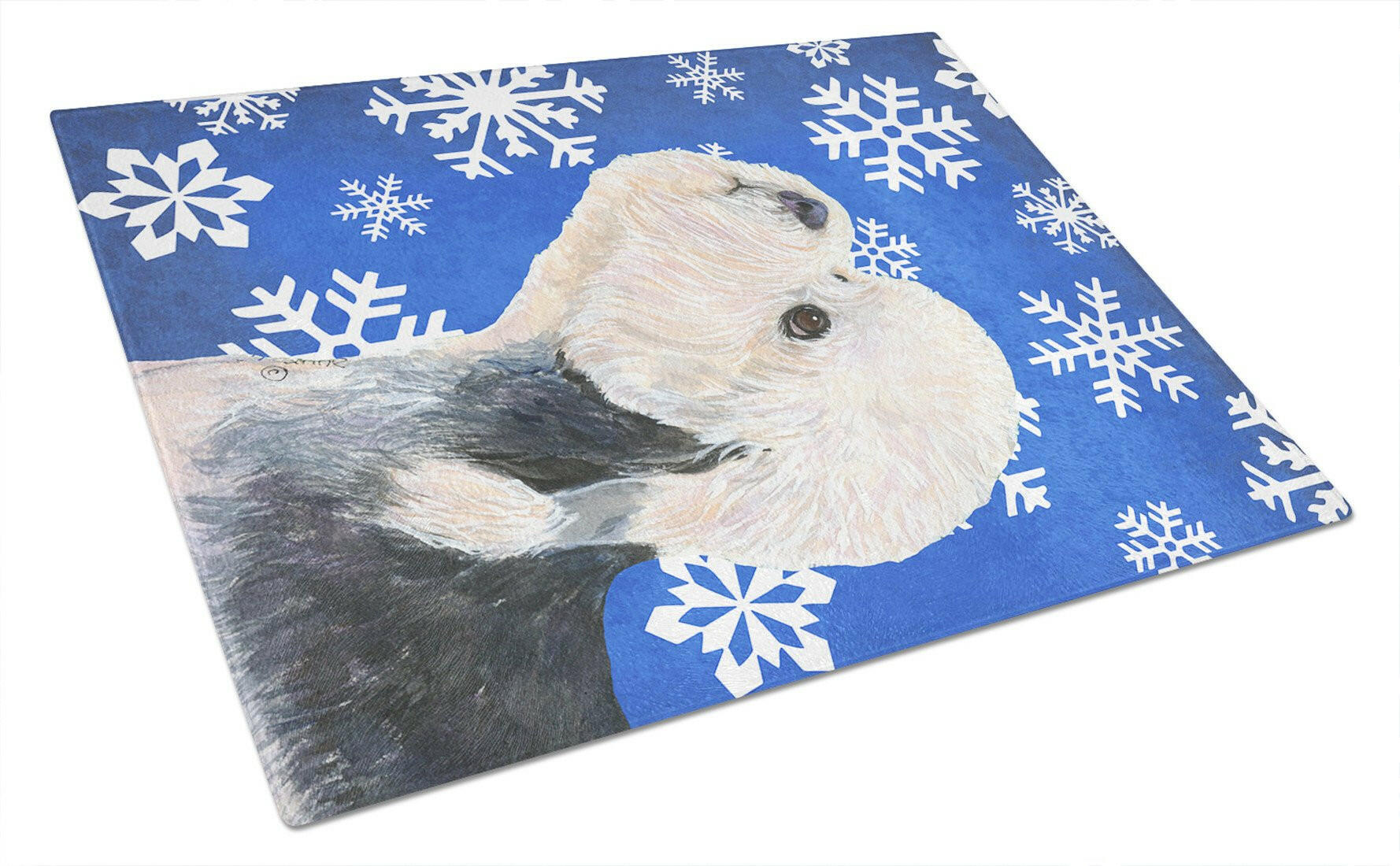 Dandie Dinmont Terrier Winter Snowflakes Holiday Cutting Board Tempered Glass Kitchen Cutting Surface, Heat Resistant Chopping, Non-Slip Feet, Food Prep & Serving