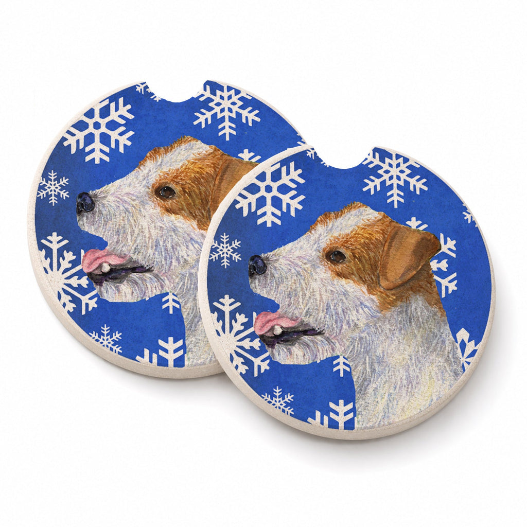 Jack Russell Terrier Winter Snowflakes Holiday Set of 2 Cup Holder Car Coasters Absorbent Round Sandstone Coasters Gifts for Men or Women, 2.5, Multicolor