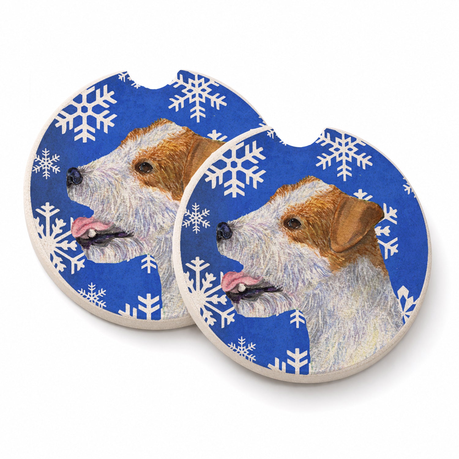 Jack Russell Terrier Winter Snowflakes Holiday Set of 2 Cup Holder Car Coasters Absorbent Round Sandstone Coasters Gifts for Men or Women, 2.5, Multicolor