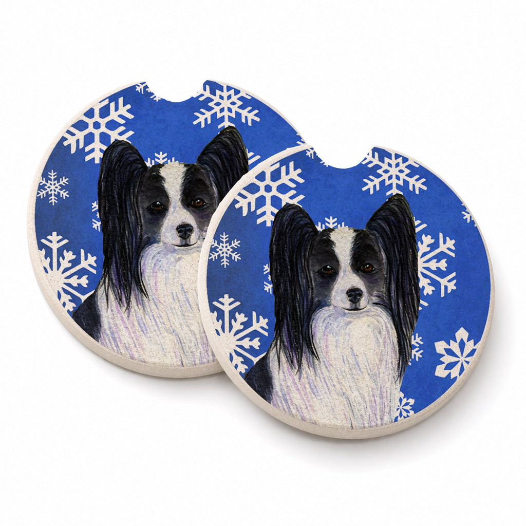 Papillon Winter Snowflakes Holiday Set of 2 Cup Holder Car Coasters Absorbent Round Sandstone Coasters Gifts for Men or Women, 2.5, Multicolor